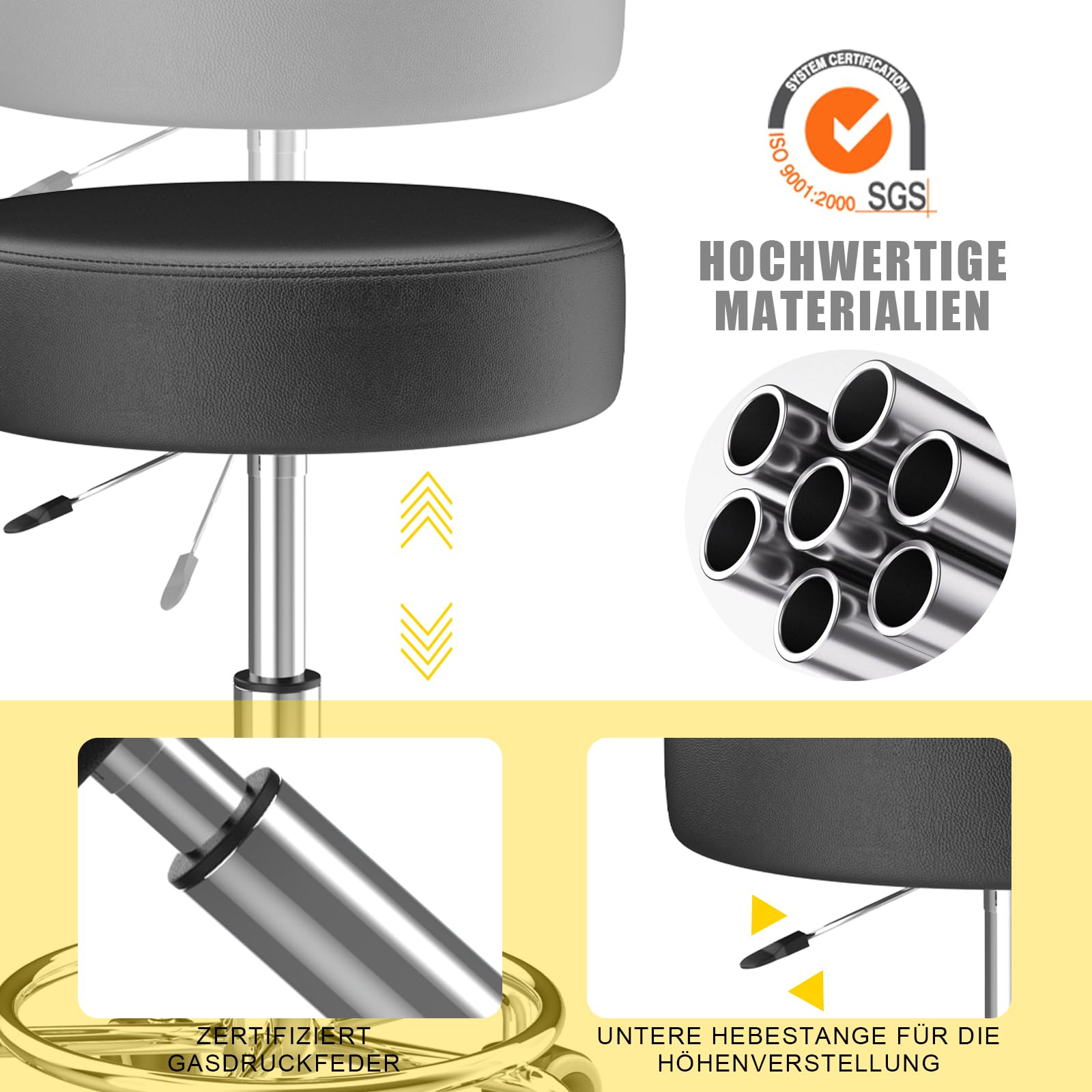 Hocker höhenverstellbar 49cm-63cm,Rollhocker mit fußstützezur Entspannung des Körpers,kompakt,bequem und leicht PU leder hocker mit rollen,drehhocker,arbeitshocker,friseurhocker,bürohocker (1 Schwarz)
