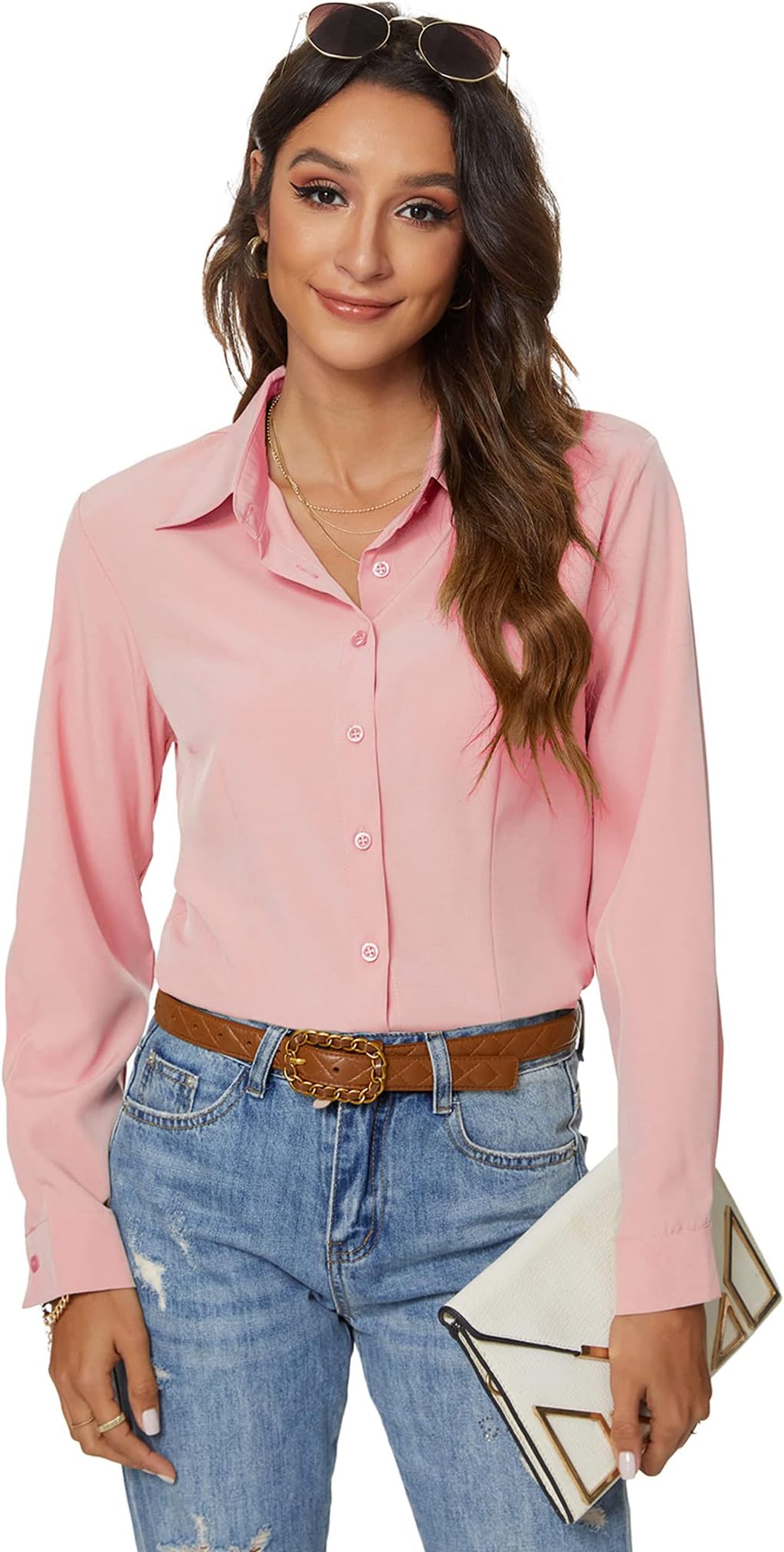 Atnlewhi Womens Long Sleeve Button Down Shirts Classic Work Blouse Stretch Formal Casual Dress Shirt