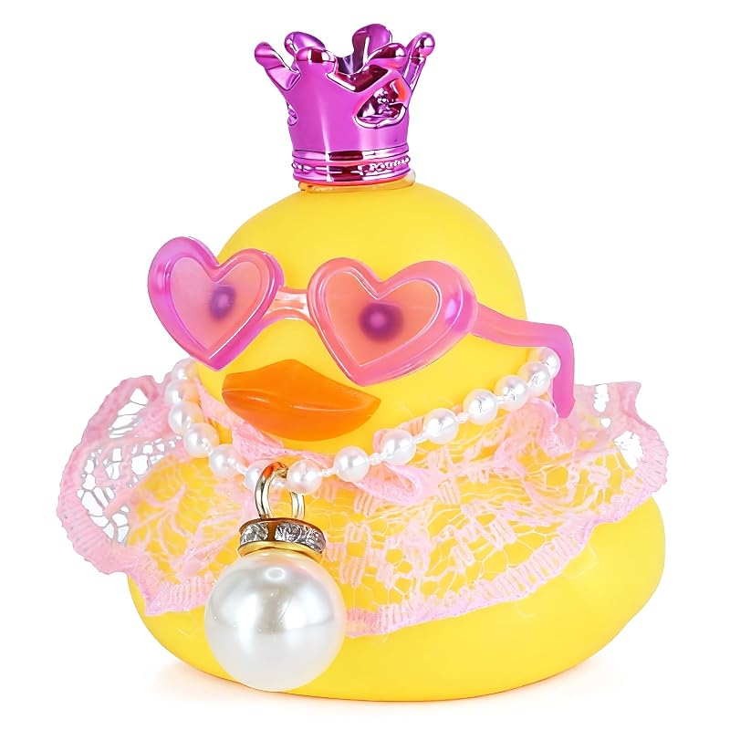 Pato de Borracha Decorativo BOZILY com Coroa Roxa, Saia de Renda Rosa, Óculos de Coração e Colar de Pérolas