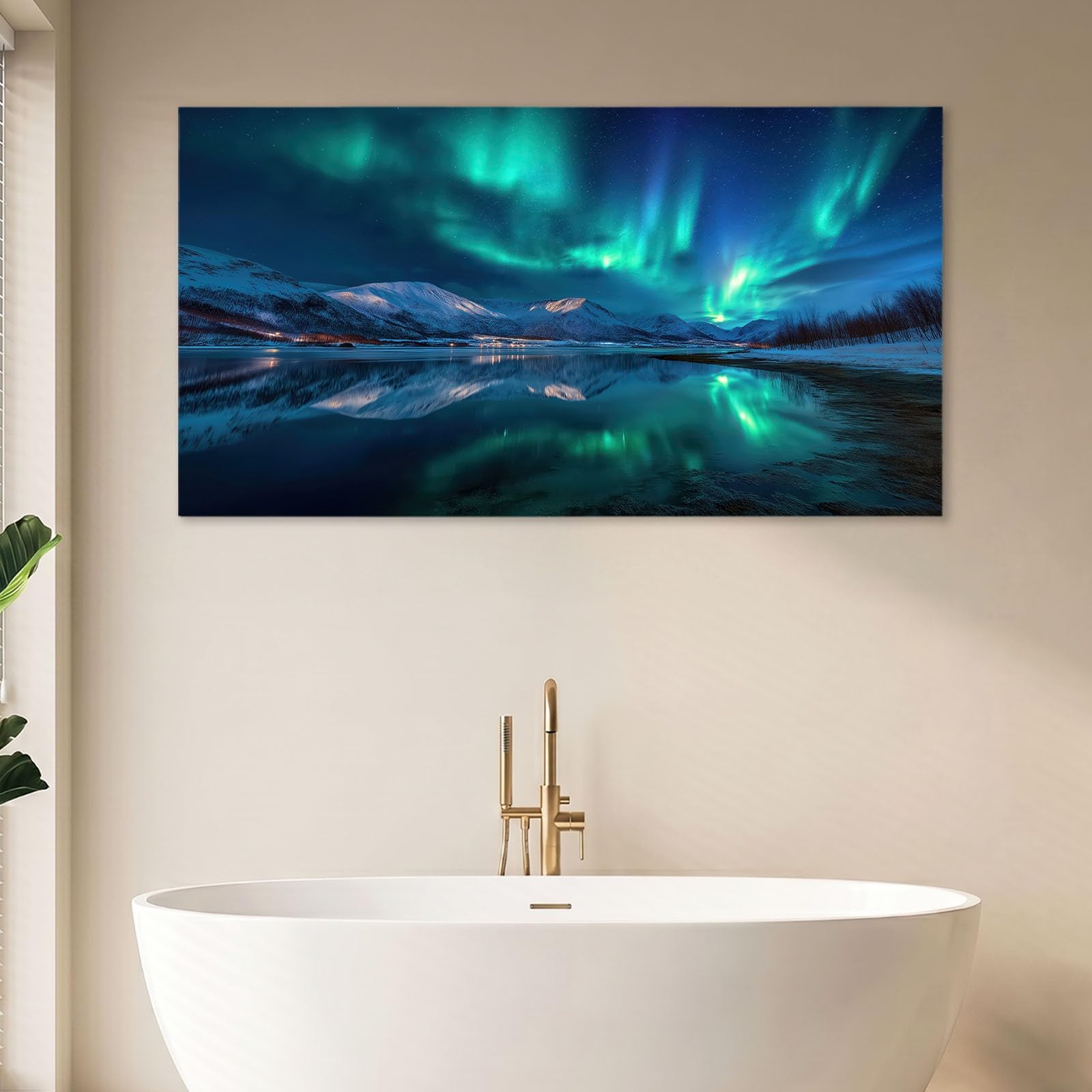 Płótno Natura Krajobraz ścienny 140 x 70 cm Niebieski Zorza polarna Śnieżek Jezioro - Obraz na płótnie na drewnianej ramie i dekoracja do salonu i sypialni