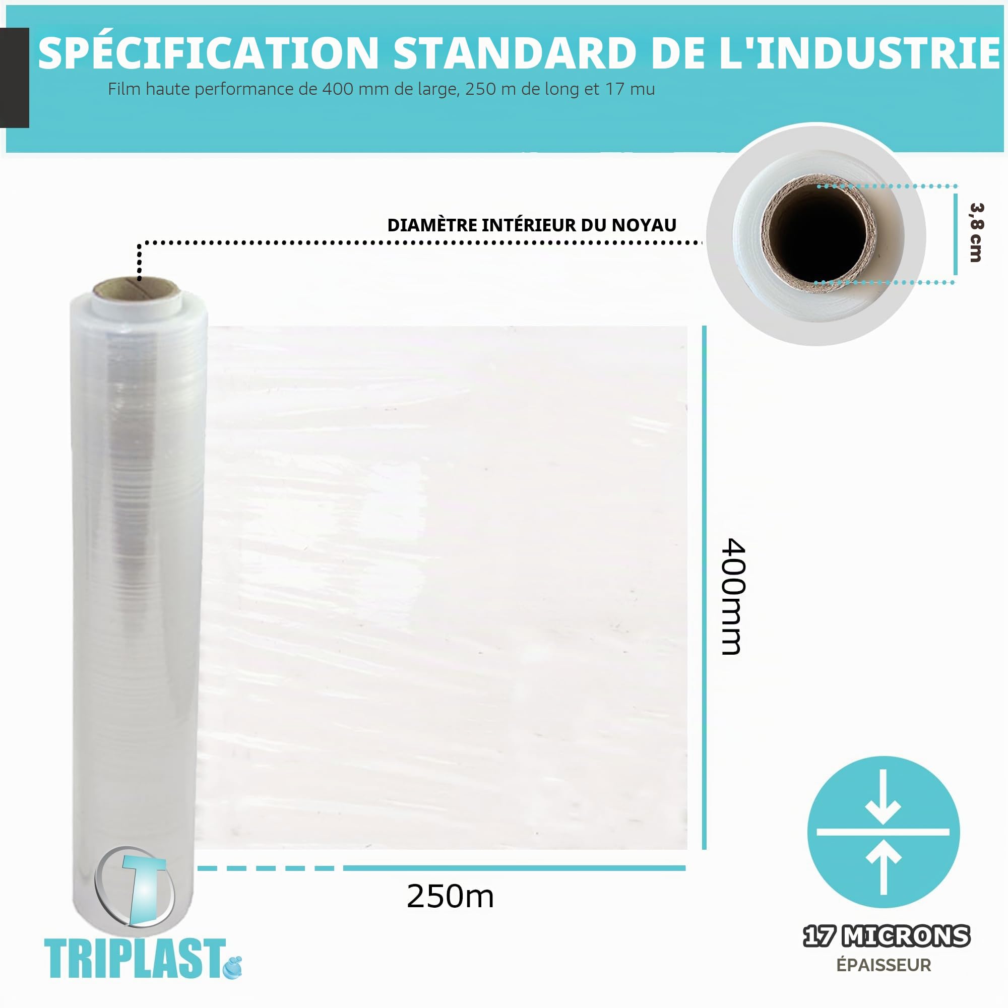 Film étirable pour palette 400 mm x 250 m transparent (lot de 2) par Triplast