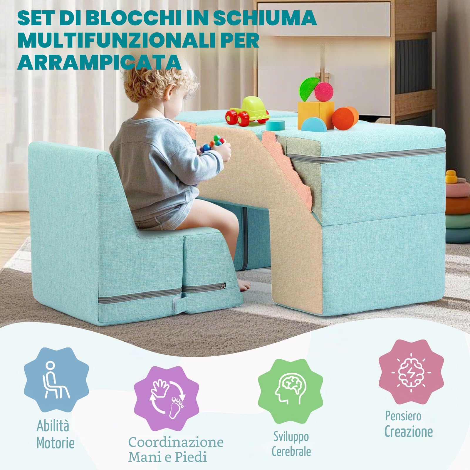 Asweets 4 in 1 Climbing Blocks Blocchi per Bambini in Schiuma Set, Blocchi in Schiuma per Arrampicarsi e Strisciare per Interni, Set da Gioco Morbido Montessori per Bambini