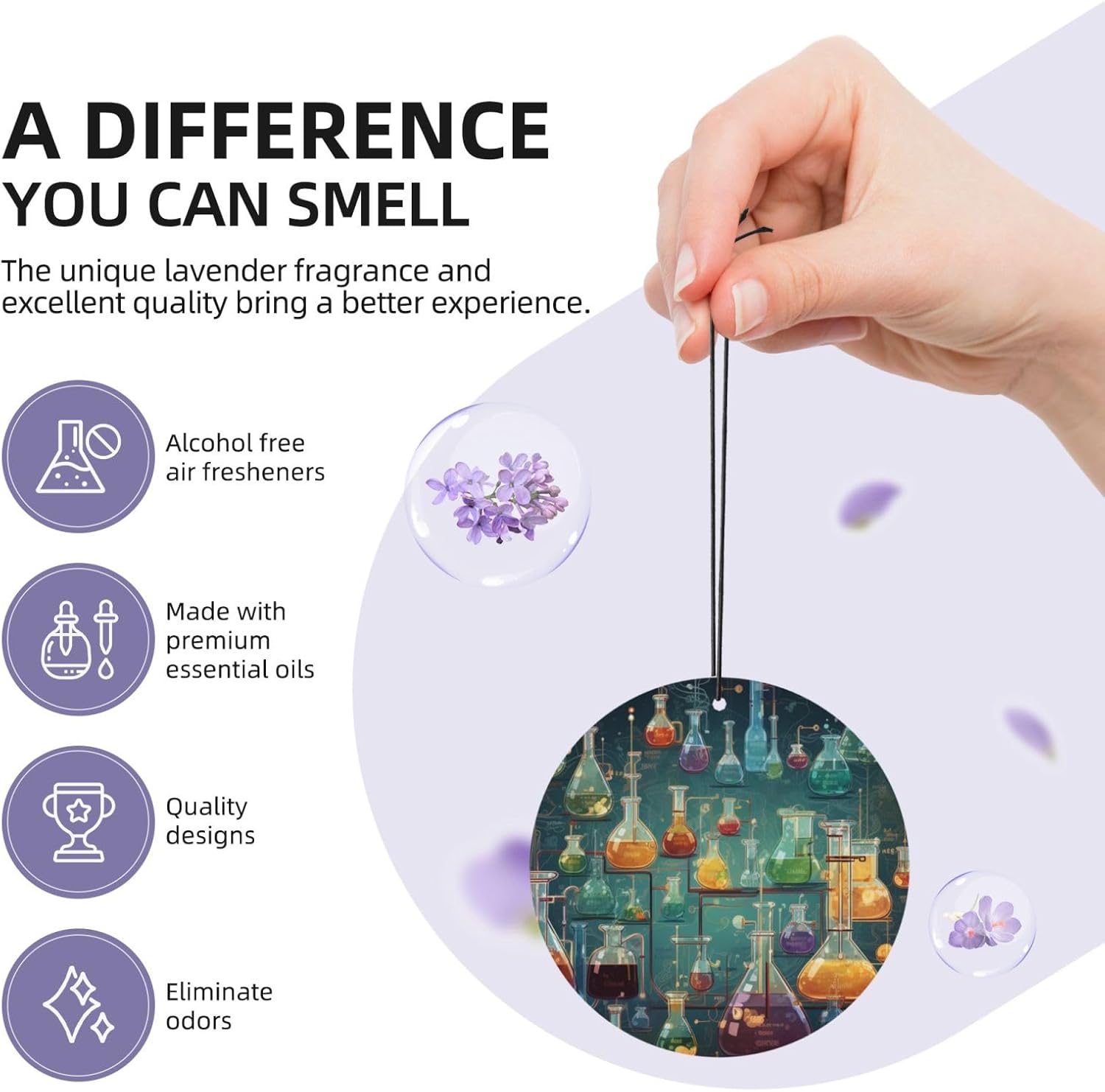 Car Air Freshener 24 PCS Abstract Science Chemistry Hanging Car Air Fresheners Auto Interior Decor Card Freshener Strong Scented Card Lavender Cars Scents for Office Bedroom Close Drawer Round Shape