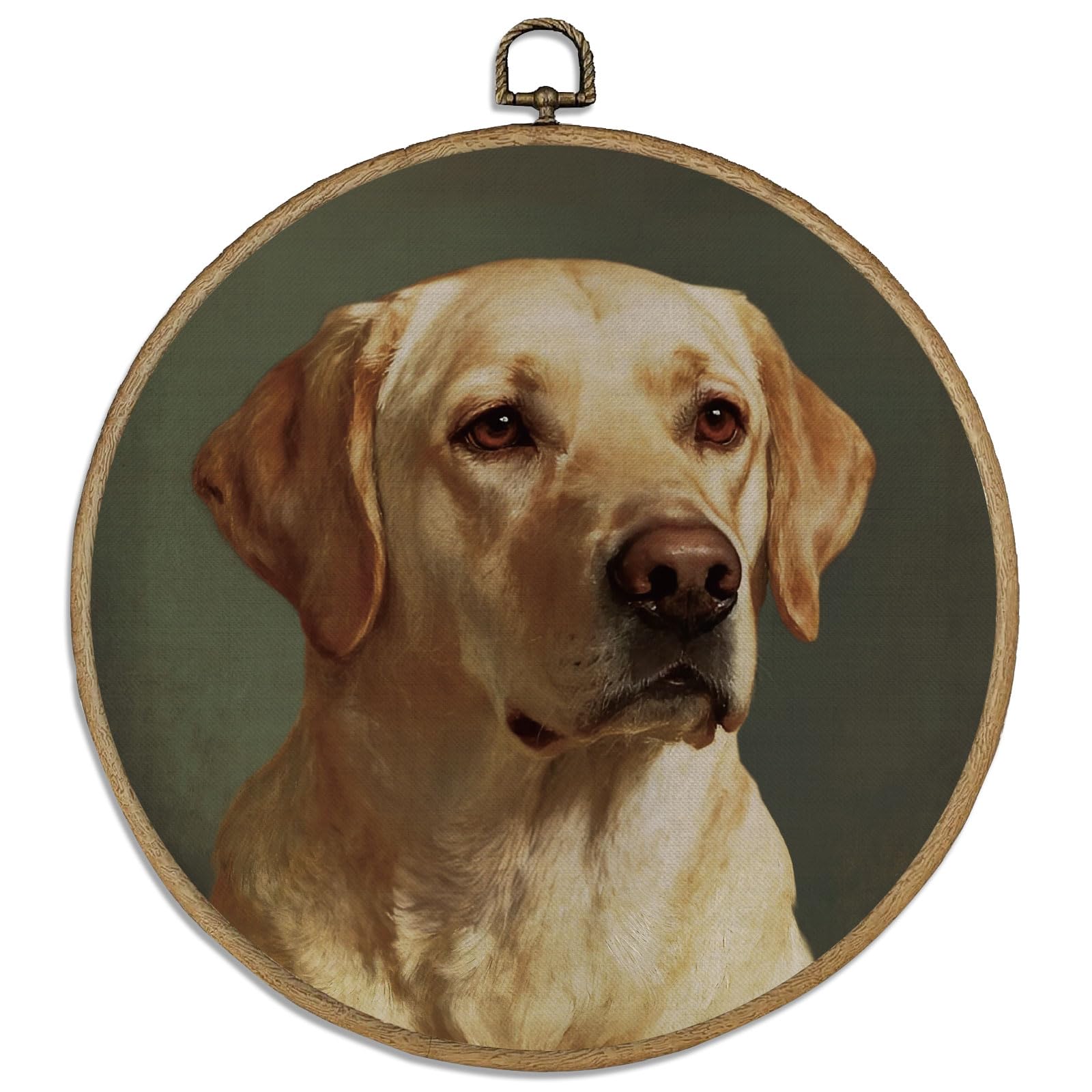 DELORIGIN 10" Retro Dog Vintage Wall Art Decor Labrador Retriever Round Wood Framed Canvas Wall Art Prints with Metal Hooks Home Artwork Hanging Picture for Bedroom Living Room Hallway Stairs Decor