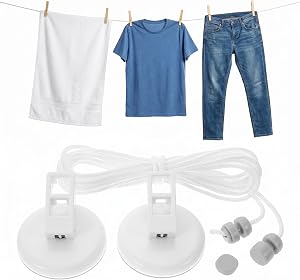 GLEAVI Suction Cup Clothesline, Travel Clothes Line, Corde a Linge, 16.4ft Portable Suction Cup Laundry Drying Rope, No-Drill Heavy Duty for Bathroom, RV Camping & Balcony (White)
