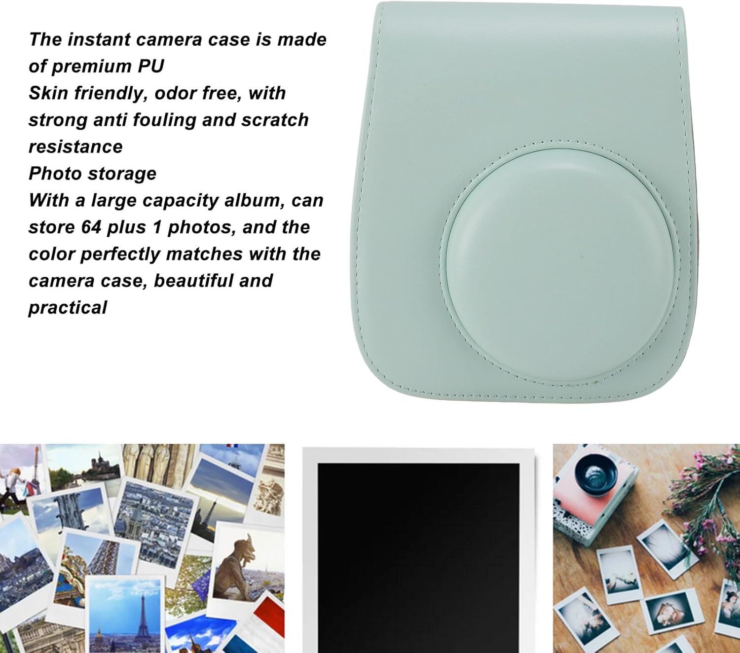 Instant Camera Case Accessories, PU Leather Carrying Bag, 64 Photo Album, Color Filters for Mini 12 - Durable Protection, Magnetic Closure, Display Frames for Creative Photo (Green)
