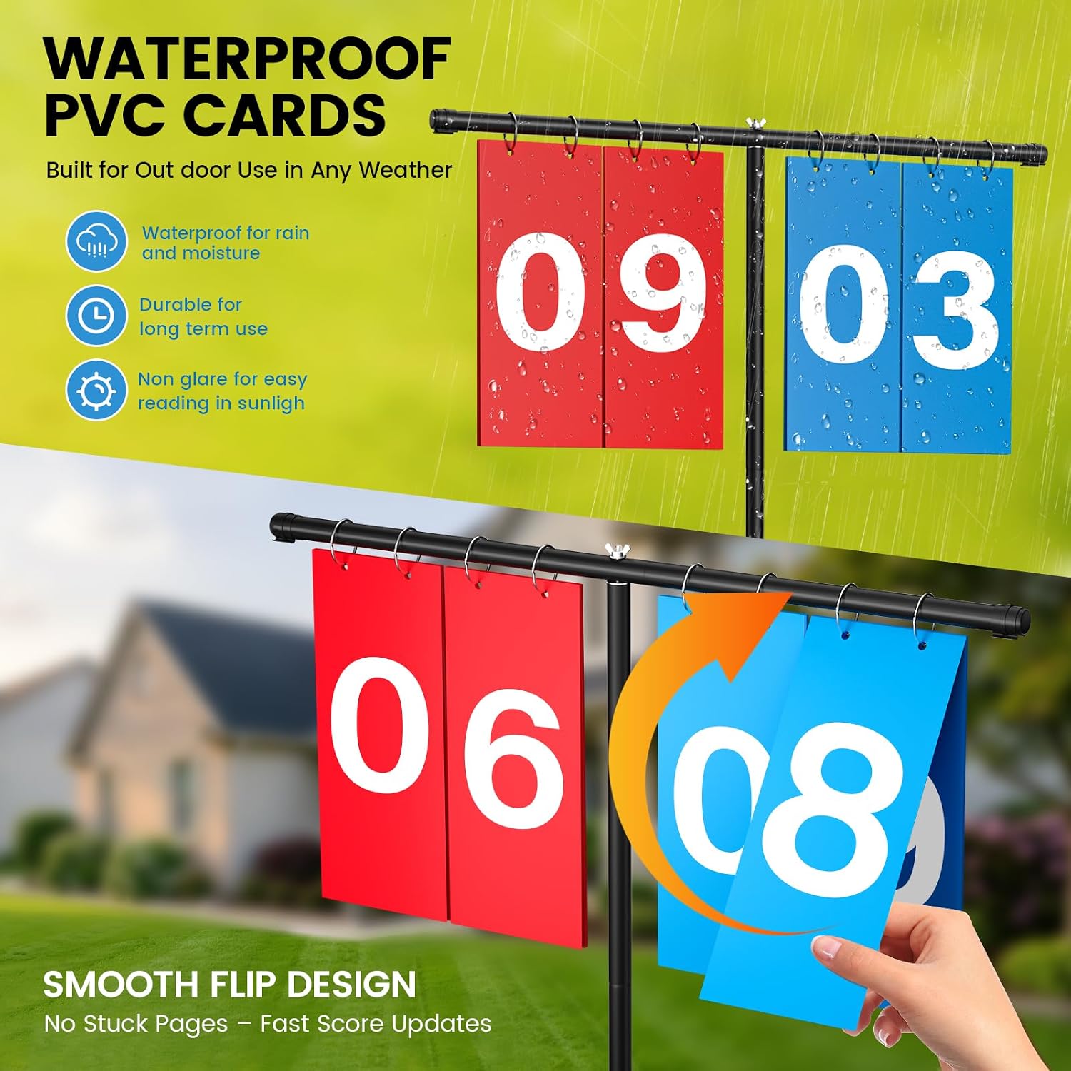 Filp Scoreboard with Adjustable Iron Stand, 60" Extra Large Score Keeper with Heavy Duty Stable Base, Waterproof PVC Flip Cards, Easy Read Sports Scoreboard for Cornhole, Tennis, Basketball Games