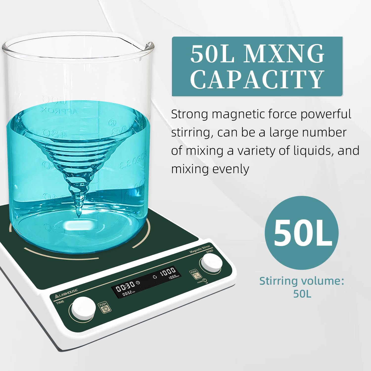 50L Magnetic Stirrer Mixer Large Capacity 13"X13" Stir Plate Digital Timing Setting & Speed 50-1100PRM,Stir Bar Included for Lab