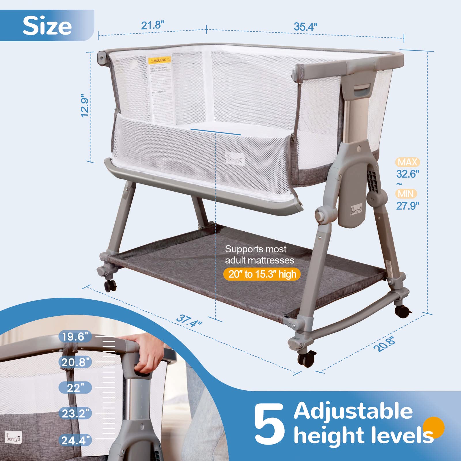 Liâ€™l Pengyu Baby Bassinets Bedside Sleeper for Baby, Foldable Portable Crib for Newborn Babies with Storage Basket, Cotton Mattress,Travel Bag, Small Rocking Cradle, Breathable All Mesh