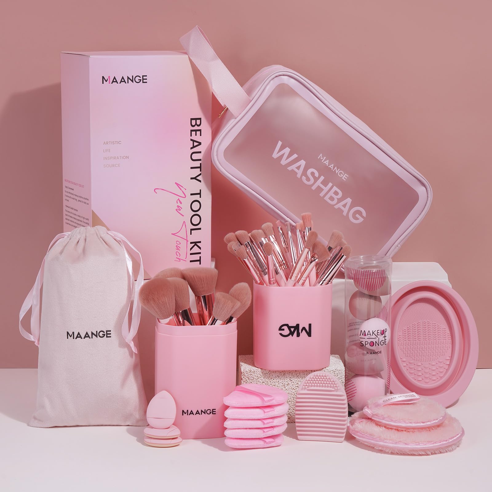 MAANGE Lot de 51 pinceaux de maquillage professionnels pour fond de teint, poudre, anti-cernes, fard à paupières, blush, pinceau de voyage (rose)