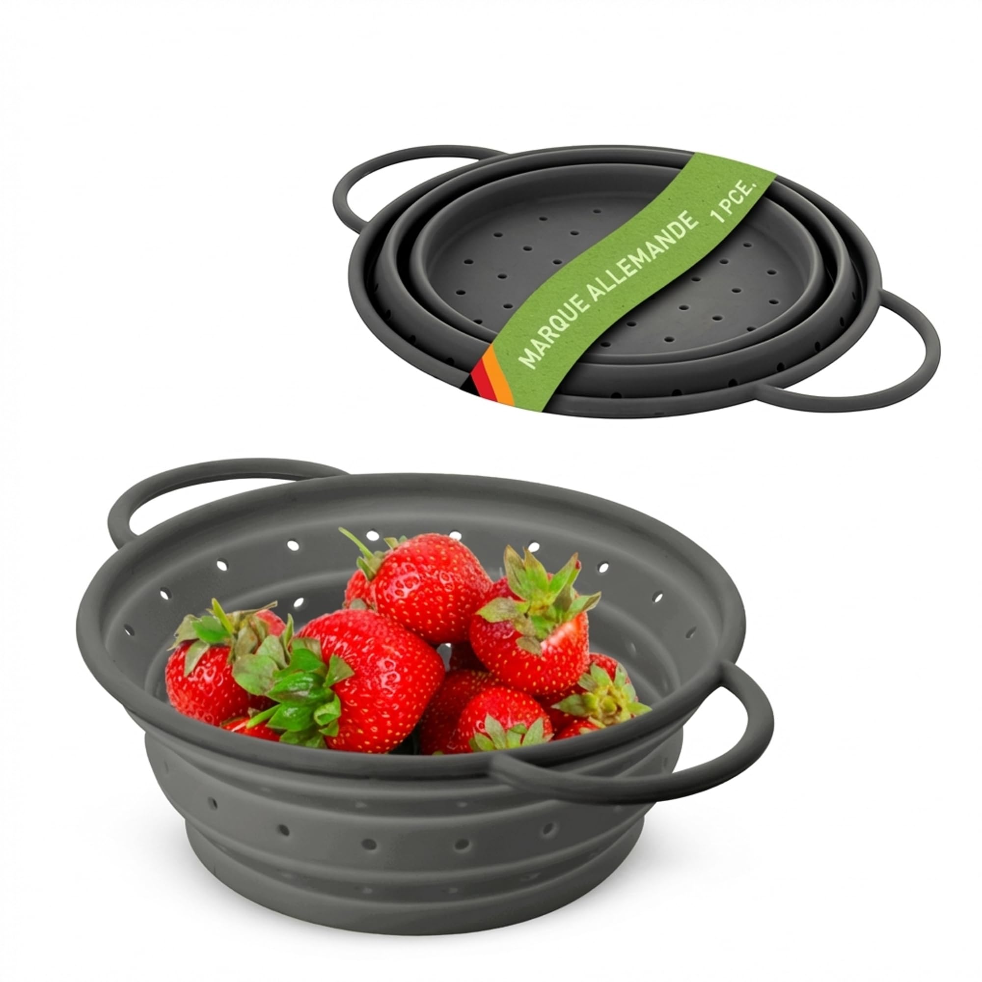 Coolinato – Scolapasta silicone pieghevole 20 cm grigio – Colino per pasta, verdura e frutta - Colapasta per lavastoviglie, senza BPA e termoresistente fino a 230°C - Setaccio salvaspazio richiudibile