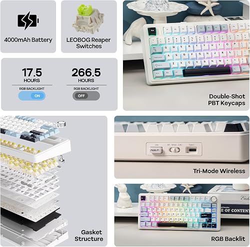 EPOMAKER AULA F75 Wireless Mechanical Gaming Keyboard, 75% Layout with Knob, Creamy Gasekt-Mount with Sound-Dampening, RGB, Hot-Swap, Bluetooth/2.4Ghz (Light Blue, Reaper Switch) - 3