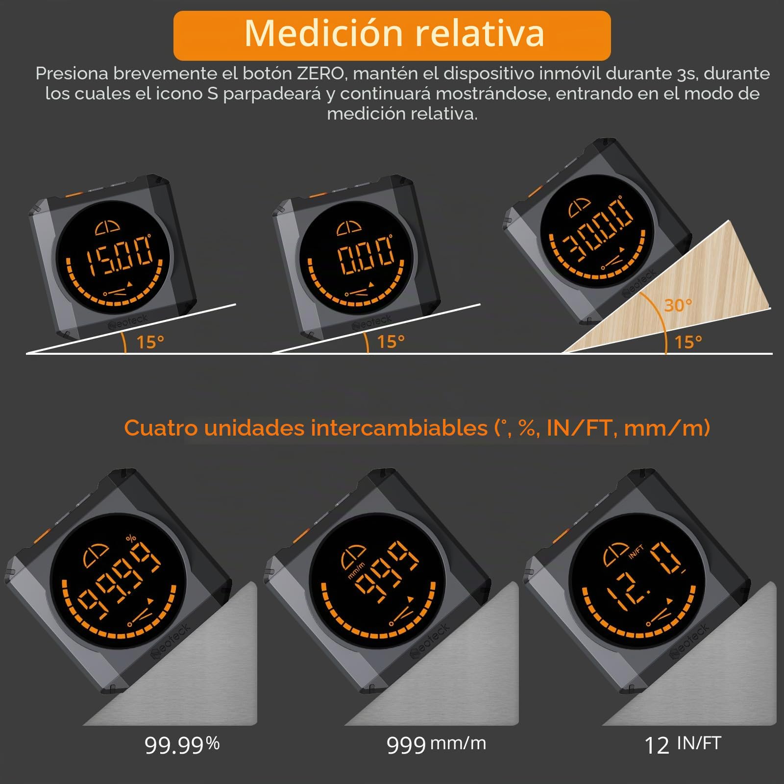 Neoteck Inclinometro LED Digital Caja de Nivel Recargable Buscador de Ángulo Digital con Base Magnética IP54 Impermeable para Madera Decoración del Hogar