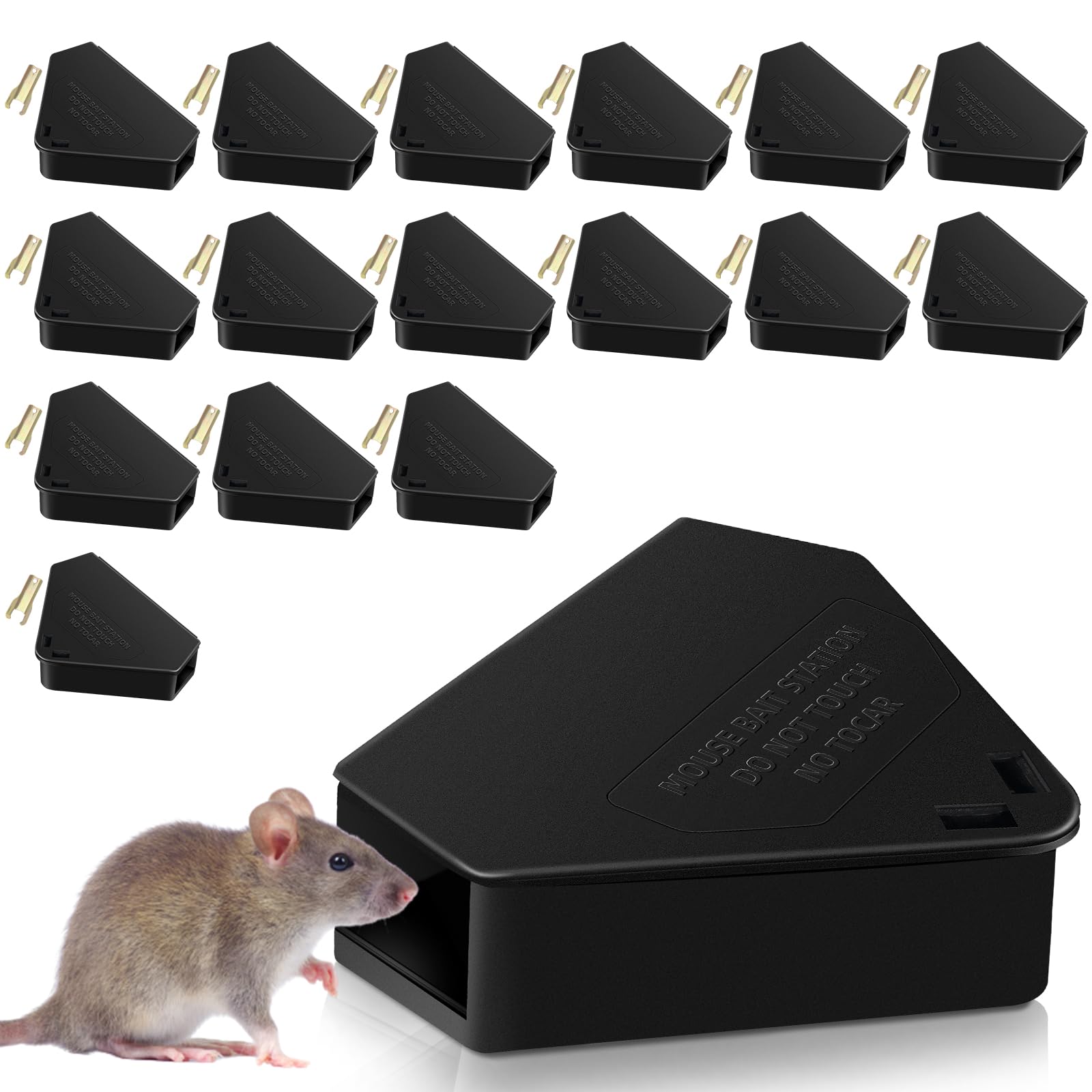 Photo 1 of 16 Pack Mouse Stations with 16 Keys,Reusable Box Station for Small Mice Rat for Indoor Outdoor,Tamper-Resistant Entry for Kitchen Garage Basement Patio (Empty Container,Black)