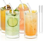 KEMORELA 4-Pack 16oz Coupes en verre à côtes vintage avec des Lids de bambou & Paille de verre – Verres à boire réutilisables pour cocktails, whisky, café glacé & Boissons au bar