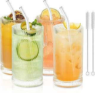 KEMORELA Vintage Ribbed Glassware Set, 16oz XL Drinking Glasses With Straws, Ribbed Glassware Set of 4, Glass Cups, Iced Coffee Cups Ideal for Whiskey, Cocktail, Iced Coffee, Juice, Beer, Soda