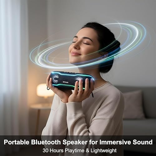 Miniatura 7 de Altavoz Bluetooth impermeable IPX7, tiempo de reproducción de 24 horas, luces LED, altavoz inalámbrico al aire libre para piscina, playa, ducha, azul