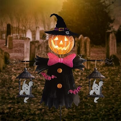 LIGHTSHINE Metal Scarecrow Shape Halloween Jack O' Lantern, Solar Halloween Yard Decorations Outdoor, Solar Pathway Stake Halloween Lights Decor for Garden, Farmhouse, Patio, Yards