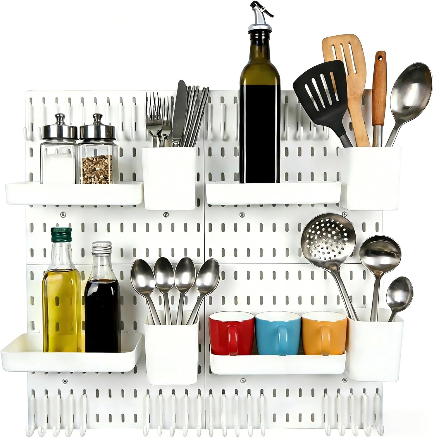 Pegboard Wall Organizer Combination Kit,4 Pegboards with 48 Accessories For Kitchen, Bedroom, Bathroom, Game, and Office Storage. Nail-Free Installation（White 22” x 22”）