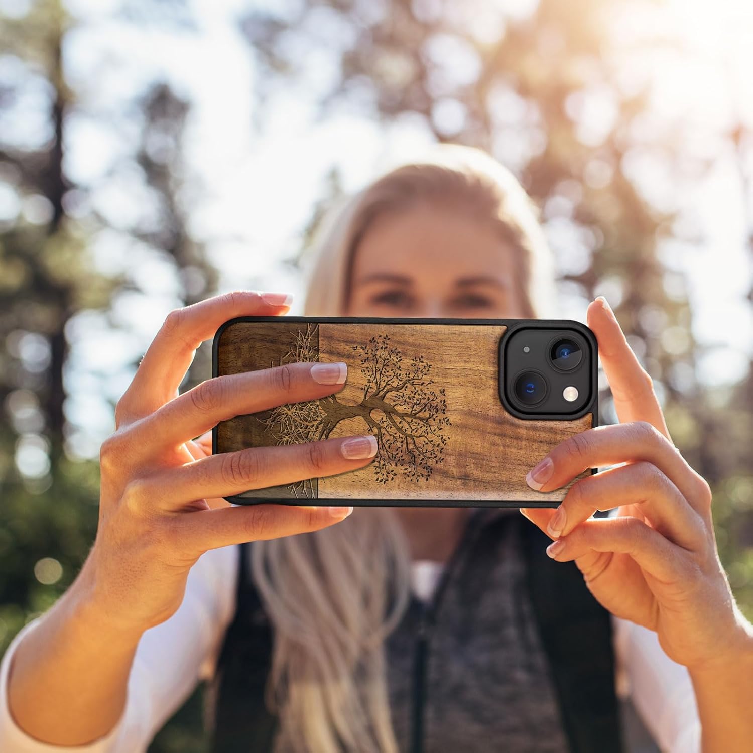 Carveit Magnetic Wooden Case for iPhone 15 Case, Compatible with MagSafe Wireless Chargers, Black Soft TPU Shockproof Cover & Wood Artisan Engraved (Tree with Roots) - Walnut