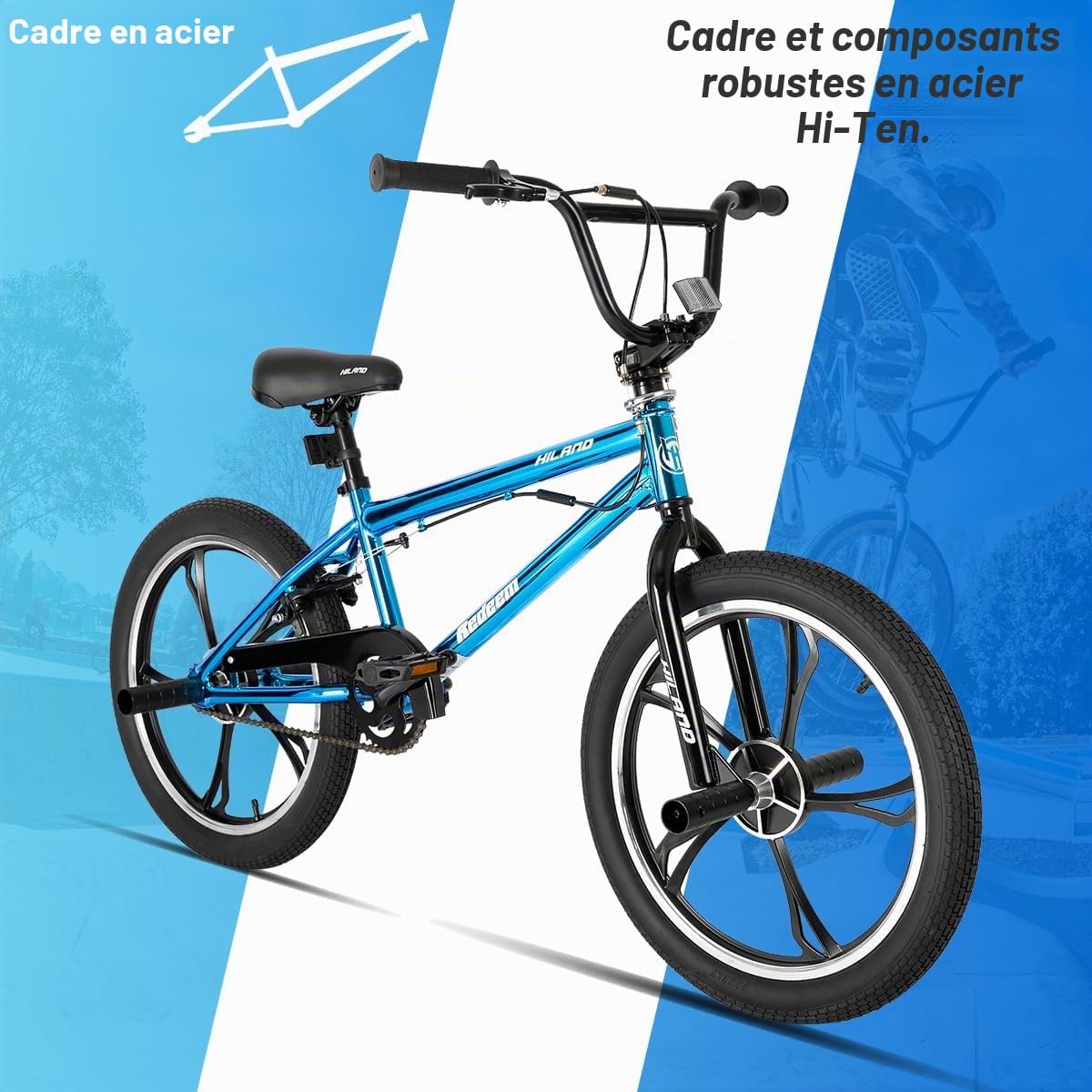 HH HILAND Vélo BMX 20 Pouces à 3 5 Rayons pour garçons et Filles à partir de 7, 8, 9, 10 Ans, Rotor Freestyle à 360 degrés, 4 pegs Single Speed Vélo BMX pour Enfant