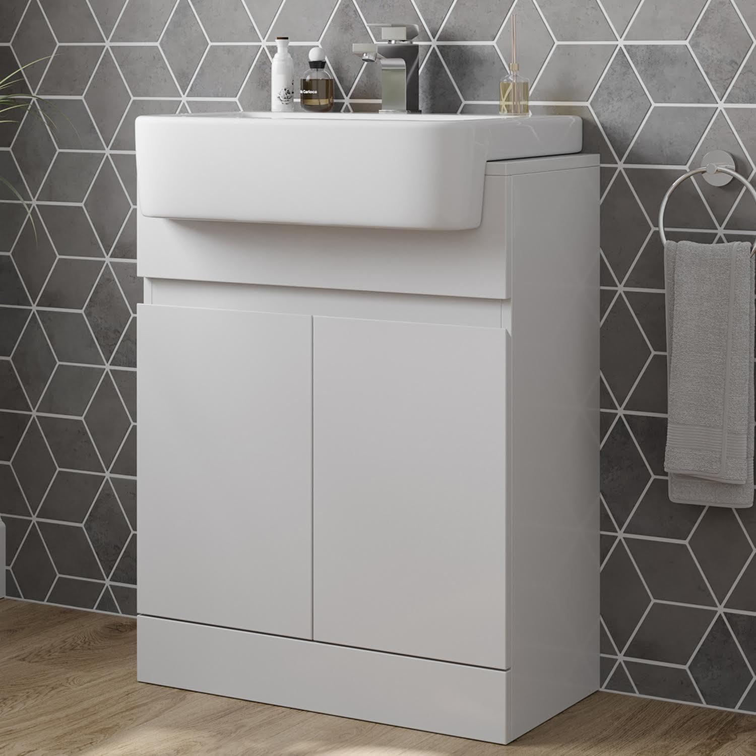 Artis White Gloss Freestanding Vanity Unit with Semi Recessed Basin - 600mm