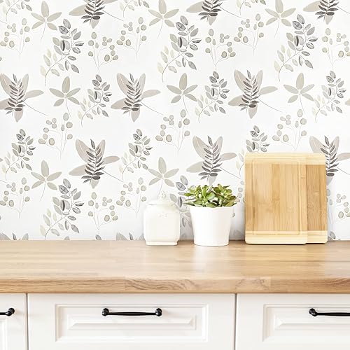 Miniatura 9 de Caltero Papel tapiz de hojas de color beige floral para despegar y pegar, 17.3 x 98.4 pies, papel tapiz de hojas de eucalipto verde oliva, papel de