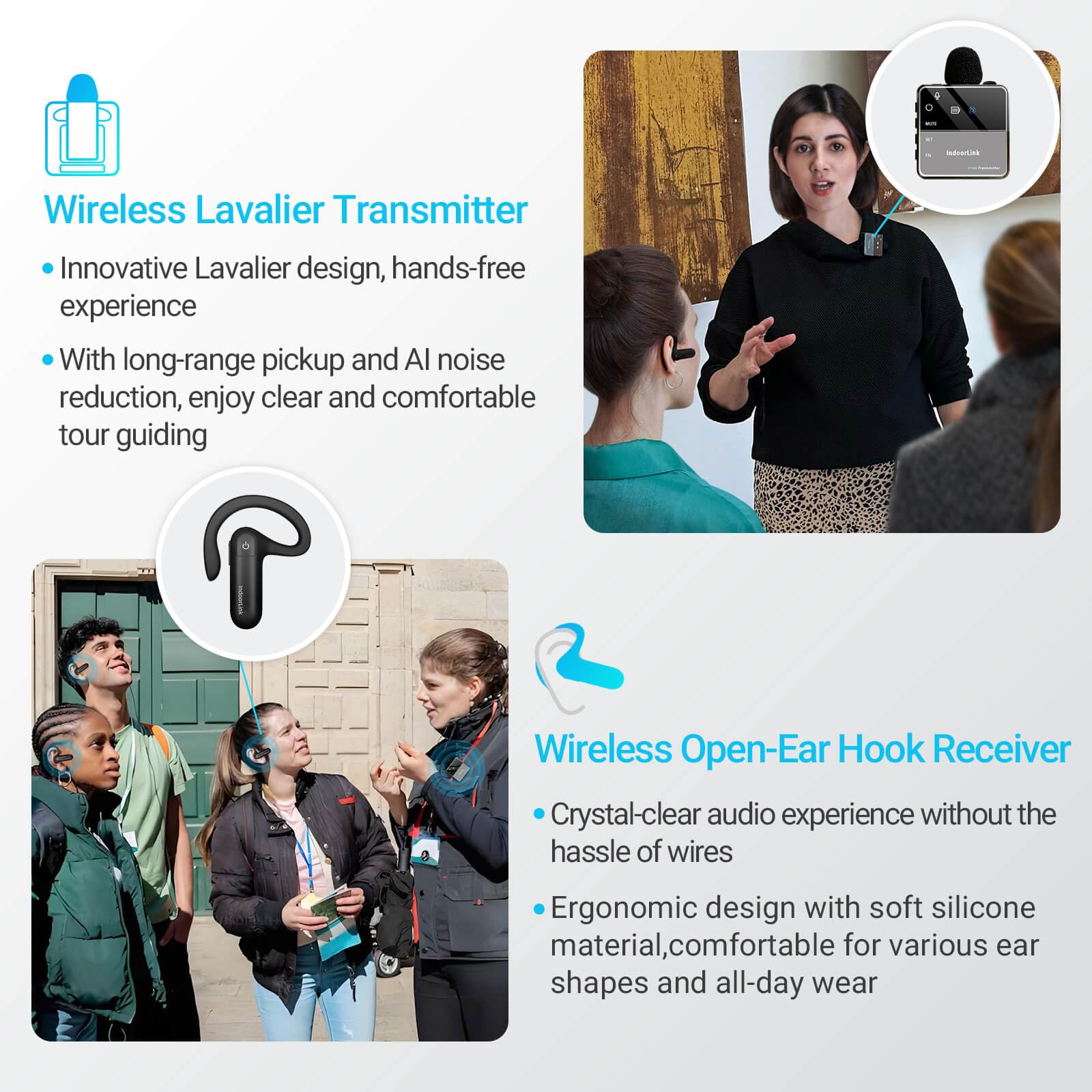 IndoorLink Lavalier Wireless Tour Guide System, Tour Guide Audio System, Noise Reduction, Whisper Wireless Tour Guide Headsets Set for Churches, Factory Visit, Museum Visit, Exhibition, Court. (1T5R)