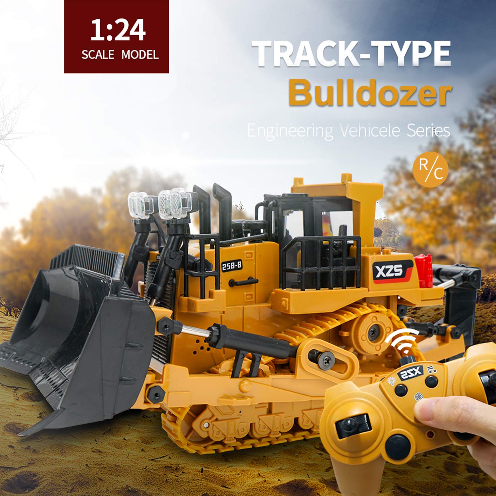 Jemora 1:24 2.4G 9CH RC Bulldozer RC Tracteur Camion Véhicules d'ingénierie de Construction avec Une démonstration clé Simulation de lumière LED Fonction sonore Jouets éducatifs pour Enfants
