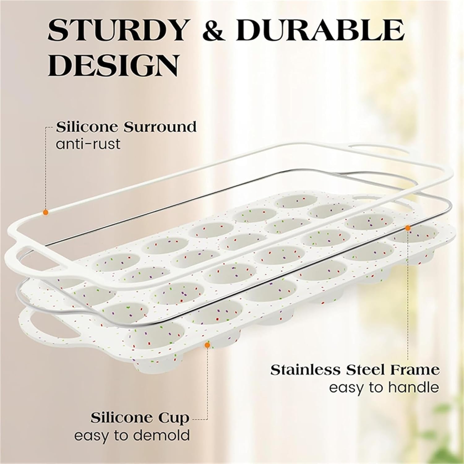 24 Cups Nonstick Mini Muffin Pan, Silicone Mini Cupcake Pan with Metal Reinforced Frame, Baking Molds