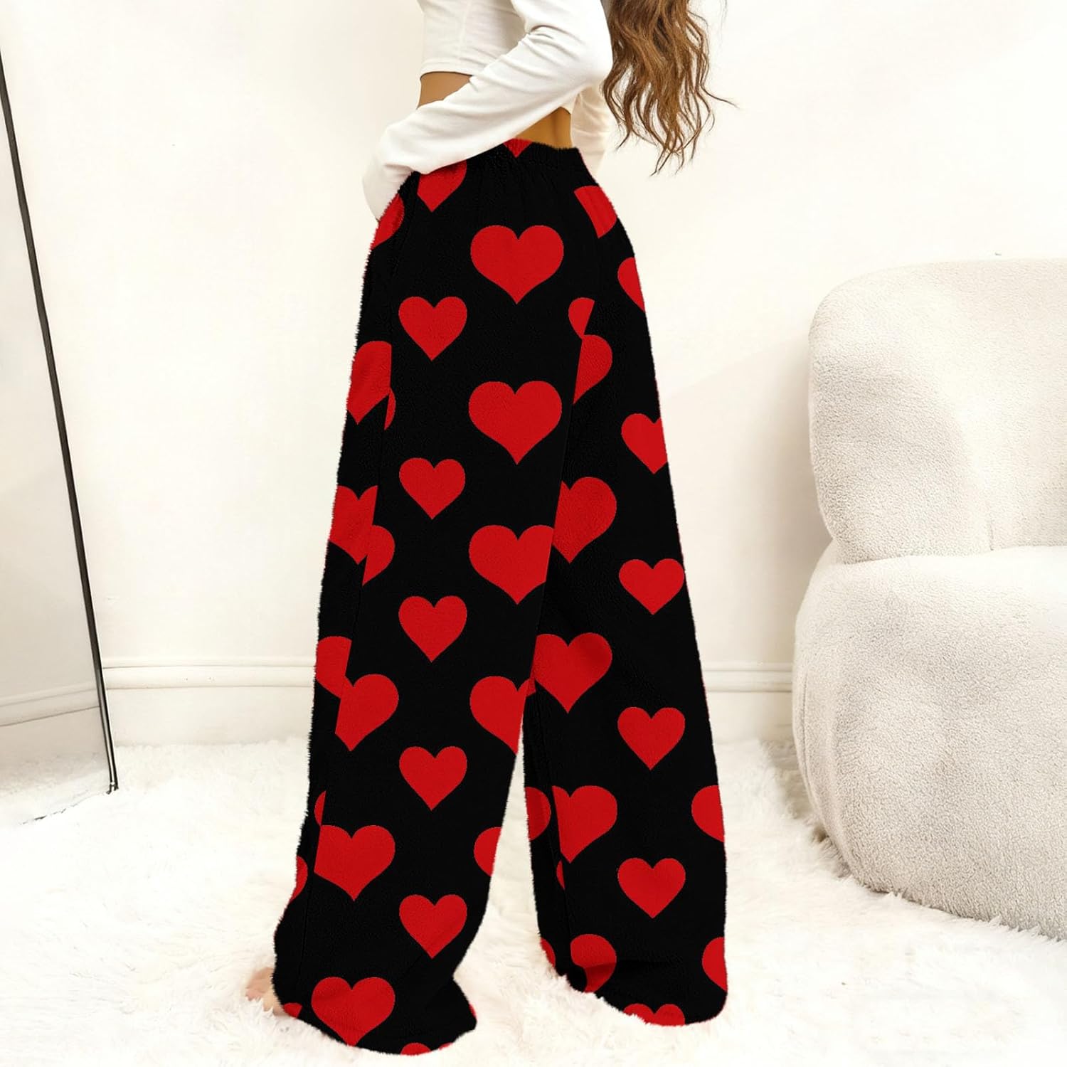 Women's Plush Valentine Pajama Pants Flannel Fuzzy Elastic Waist Wide Leg Pj Bottoms Love Heart Print Loungewear - Image 3