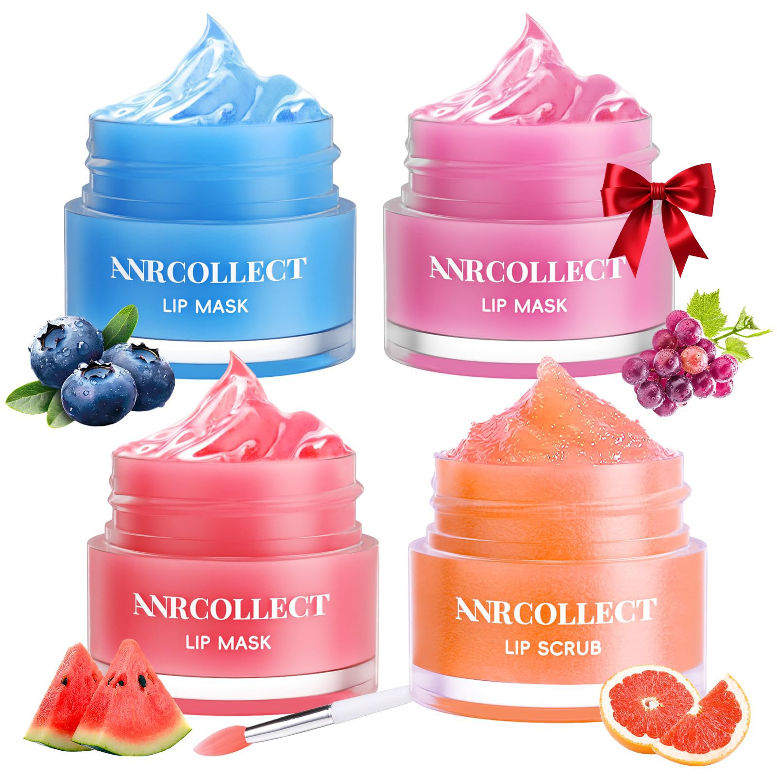 ANRCOLLECT Lippenmaske+ Lip scrub, Lippenpeeling, 4P Lippenpflege Set Mit 3 Lip Sleeping Mask, Lippenmaske Overnight, Lippenbalsam Set FÜR Trockene, Spröde, Rissige Lippen, Feine Linien & Falten | 1 Peeling Scrub + 3 Overnight Masken für weiche, hydratisi