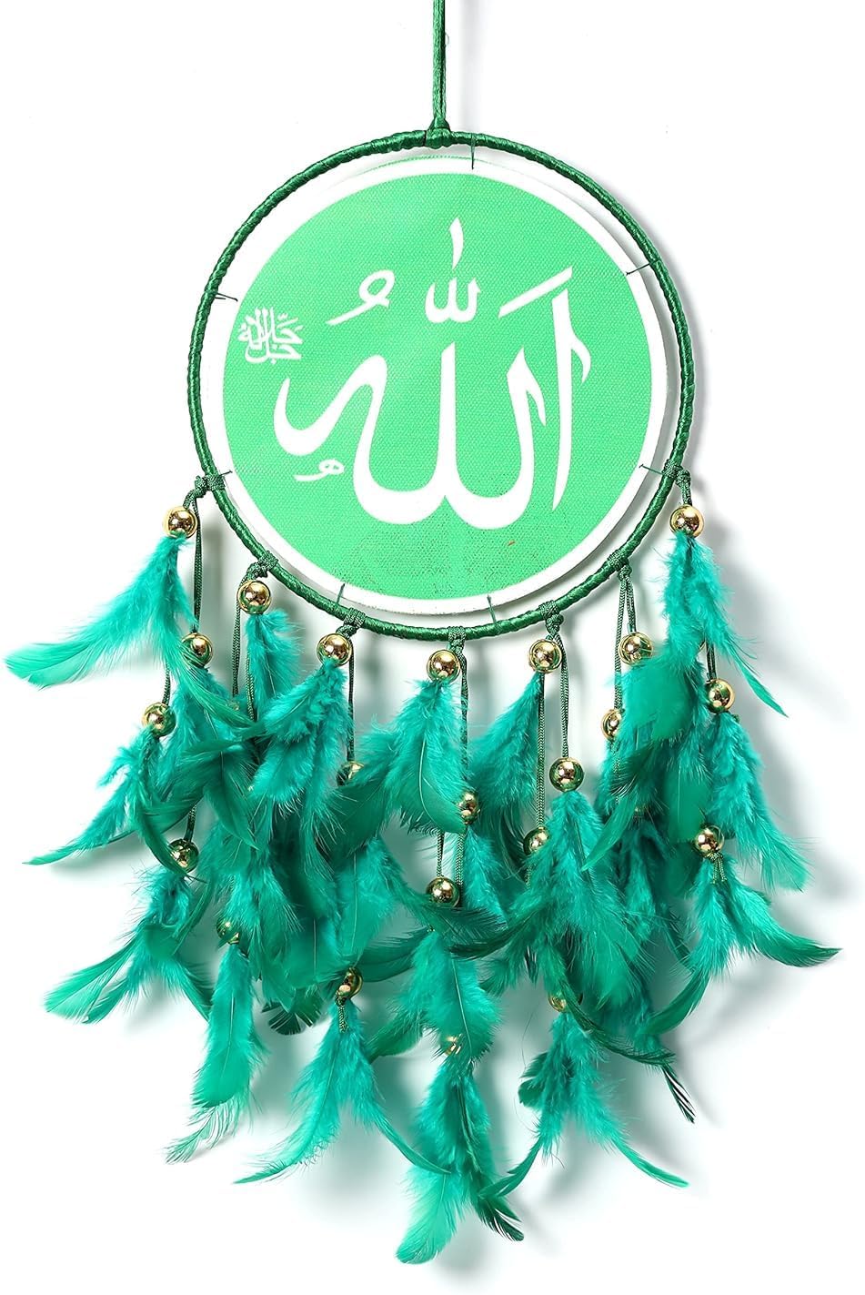 DULI Islamic Dream Catcher, Allah Calligraphy, Green Feathers with Beads, Handmade Wall Hanging, 49cm
