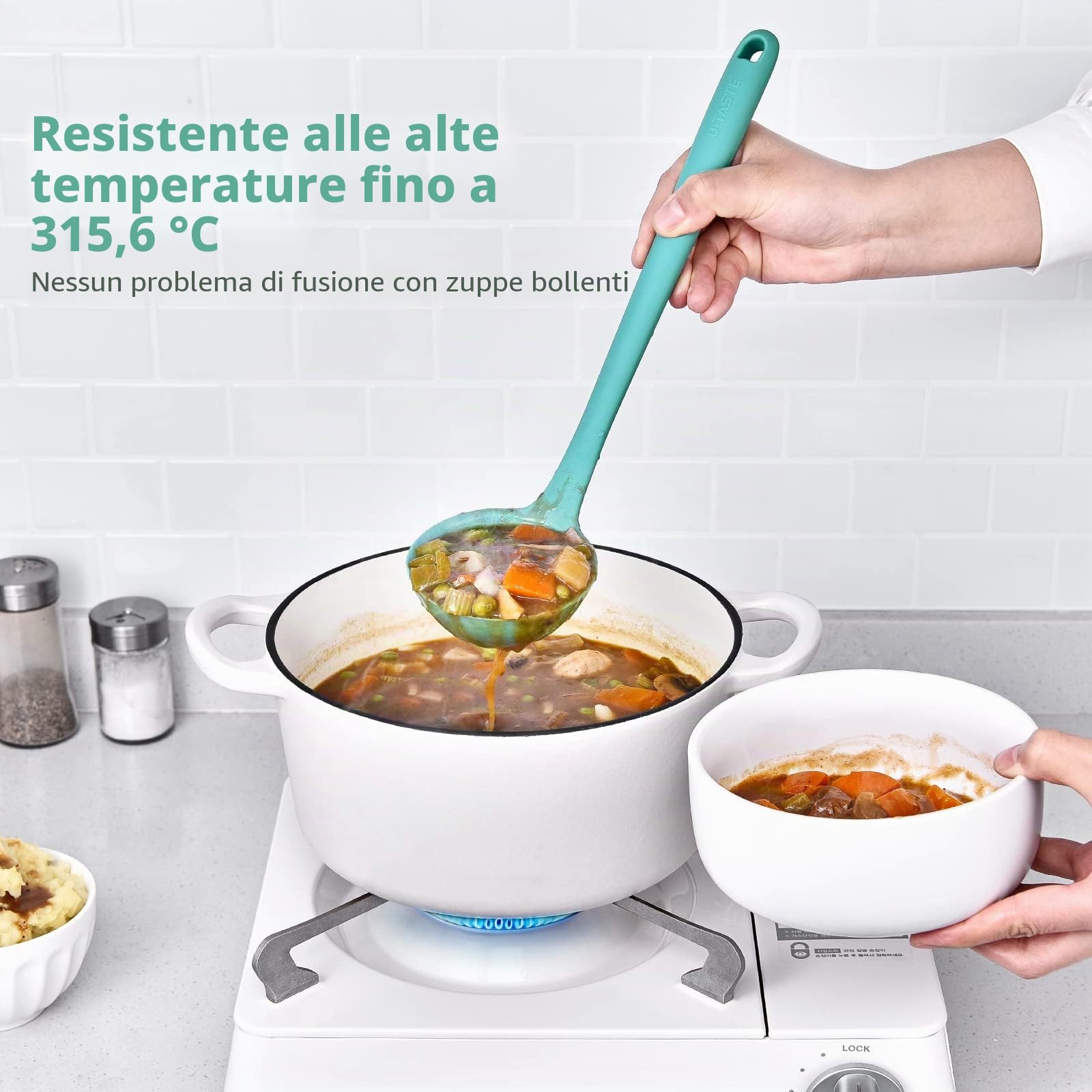 Mestolo da zuppa in silicone da 34cm: U-Taste 315℃ resistente al calore, antiaderente, gomma senza cuciture, cucchiaio da cucina grande con manico lungo e solido antiscivolo (Aqua Sky)