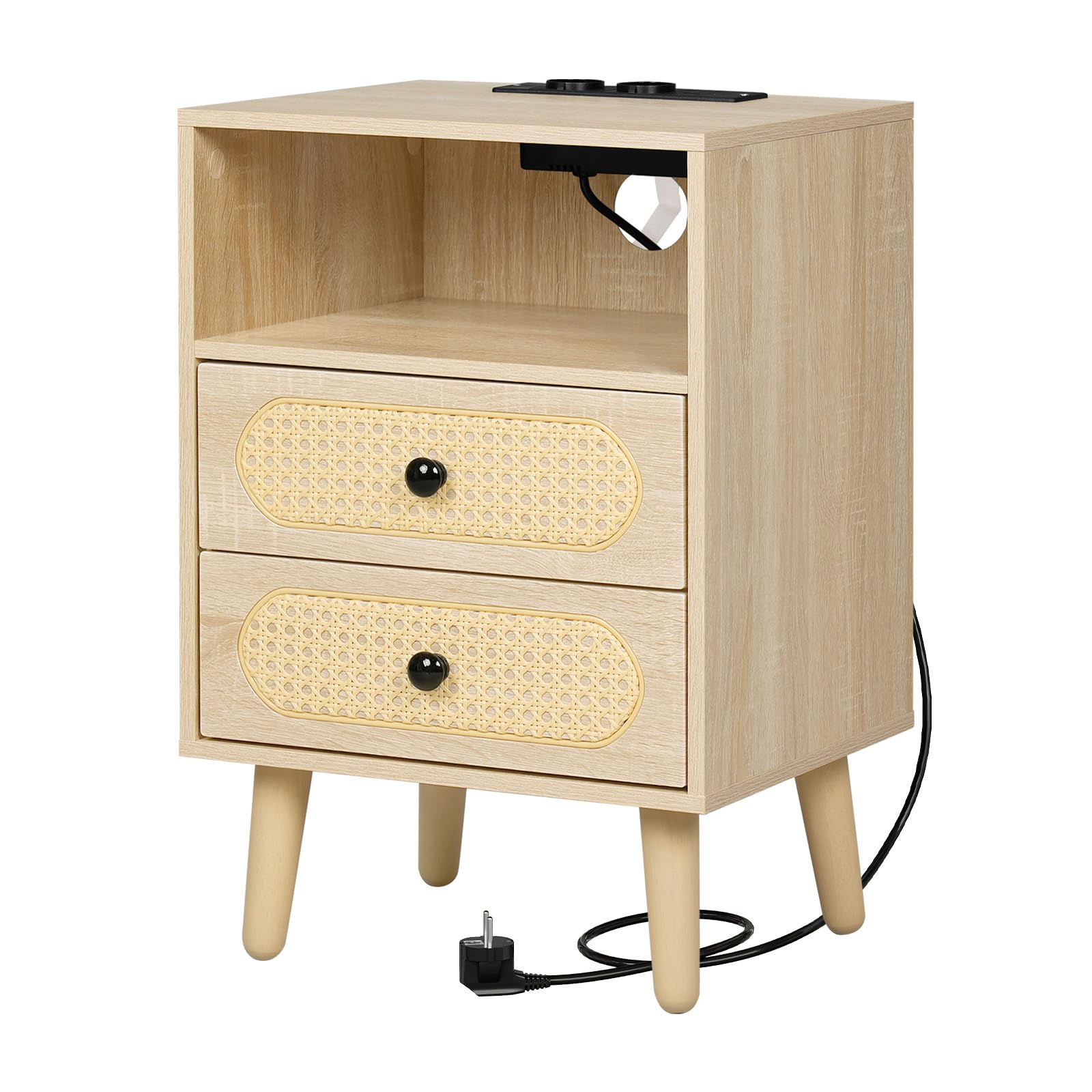WOLTU Mesita de Noche con Luz LED, Mesa Auxiliar con Regleta
