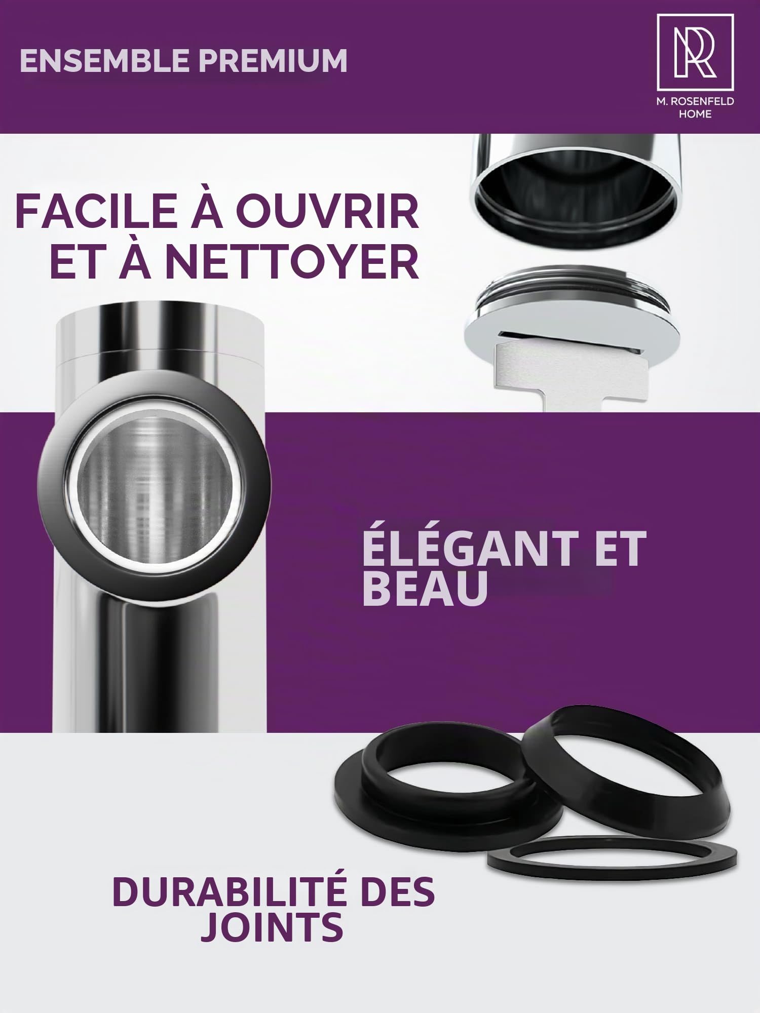 M. ROSENFELD HOME Siphon de design pour lavabo avec ensemble de vidange avec trop-plein extra long - avec valve de vidange pop-up siphon tubulaire anti-odeurs avec joints d'étanchéité inclus