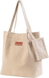 Canvas Casual Tote Bag Beige for Women Shoulder Library Tote Bags 13 x 6 x 14 Inches Travel School Book Teacher Bags and Totes with Inner Pockets for Work