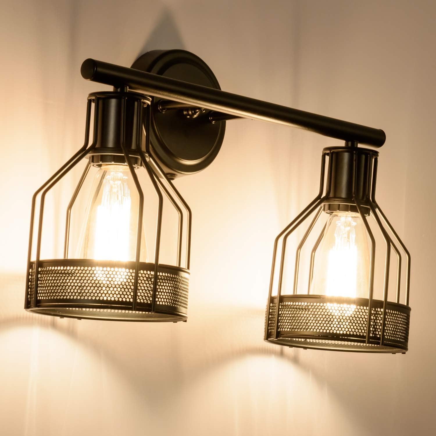 Industrial Bathroom Vanity Light 2 Lights Retro Cage Wall Sconce with Cord Metal Shade Vintage Wall Lights Fixtures for Indoor Home Dressing Table Mirror Cabinet (Bulb Not Included)(Black 2 Lights)