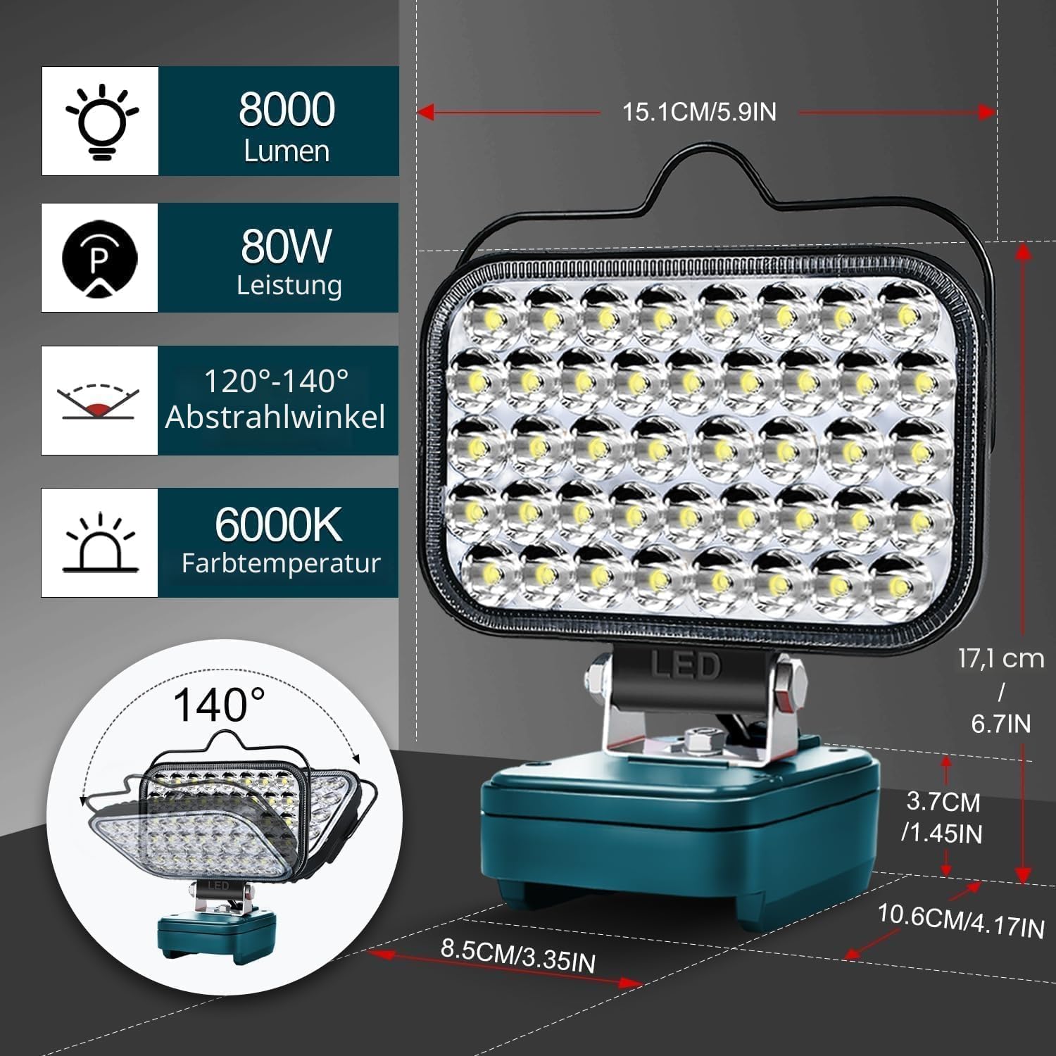 Akku Lampe Für Bosch 18V GBA/BAT (Kein Akku), 80W Kabellose Led Arbeitsleuchte Akku, 8000LM Hell Led Strahler Tragbares Baustellen Lampe,Akku Scheinwerfer mit Typ C und USB-Aufladung