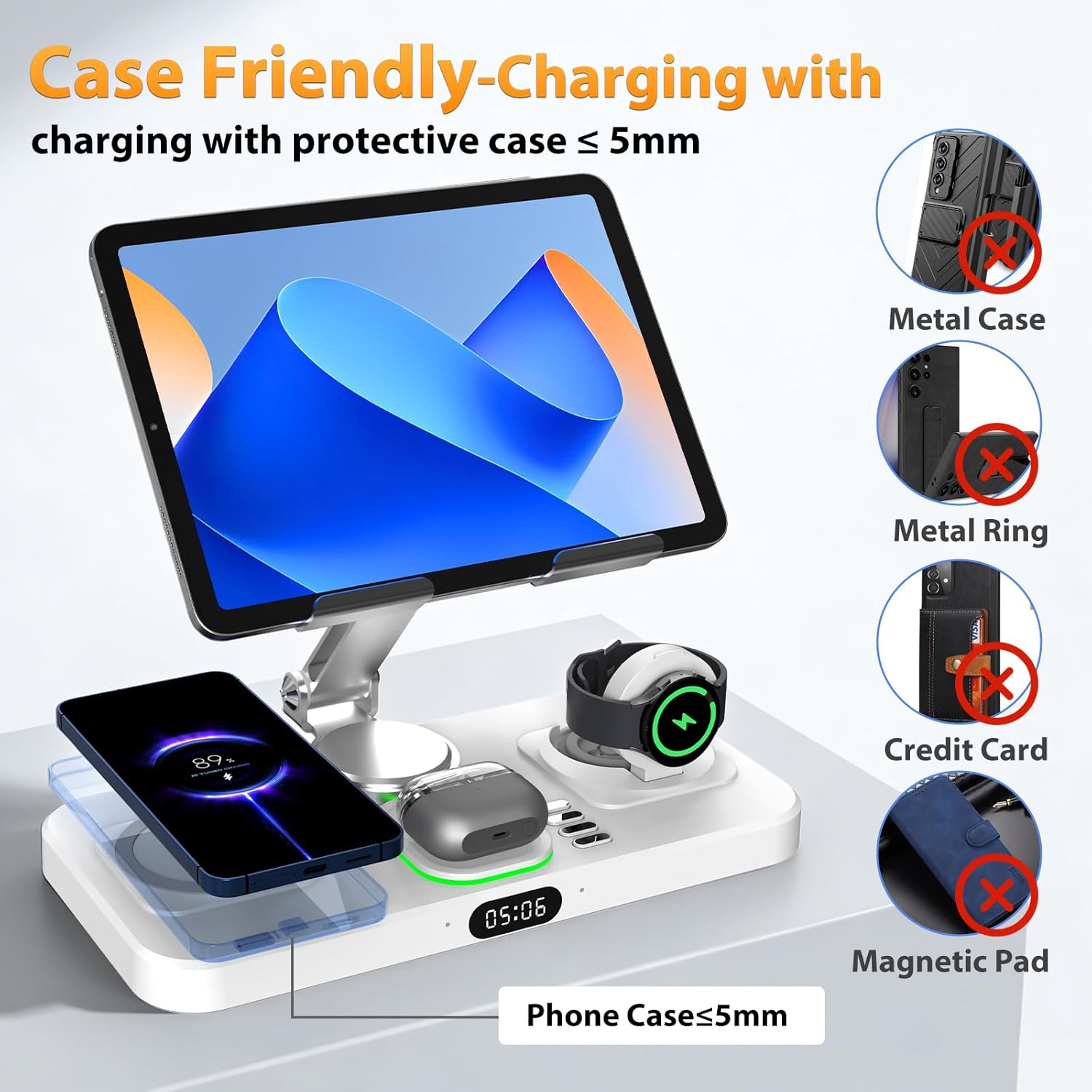 30W Foldable Fast Wireless Charger Stand for Multiple Samsung Device & Android, 6 in 1 Charging Station for Adjustable Tablet Stand with 7-Color Lights/Clock,Watch Charger Only for Galaxy Watch - Image 6
