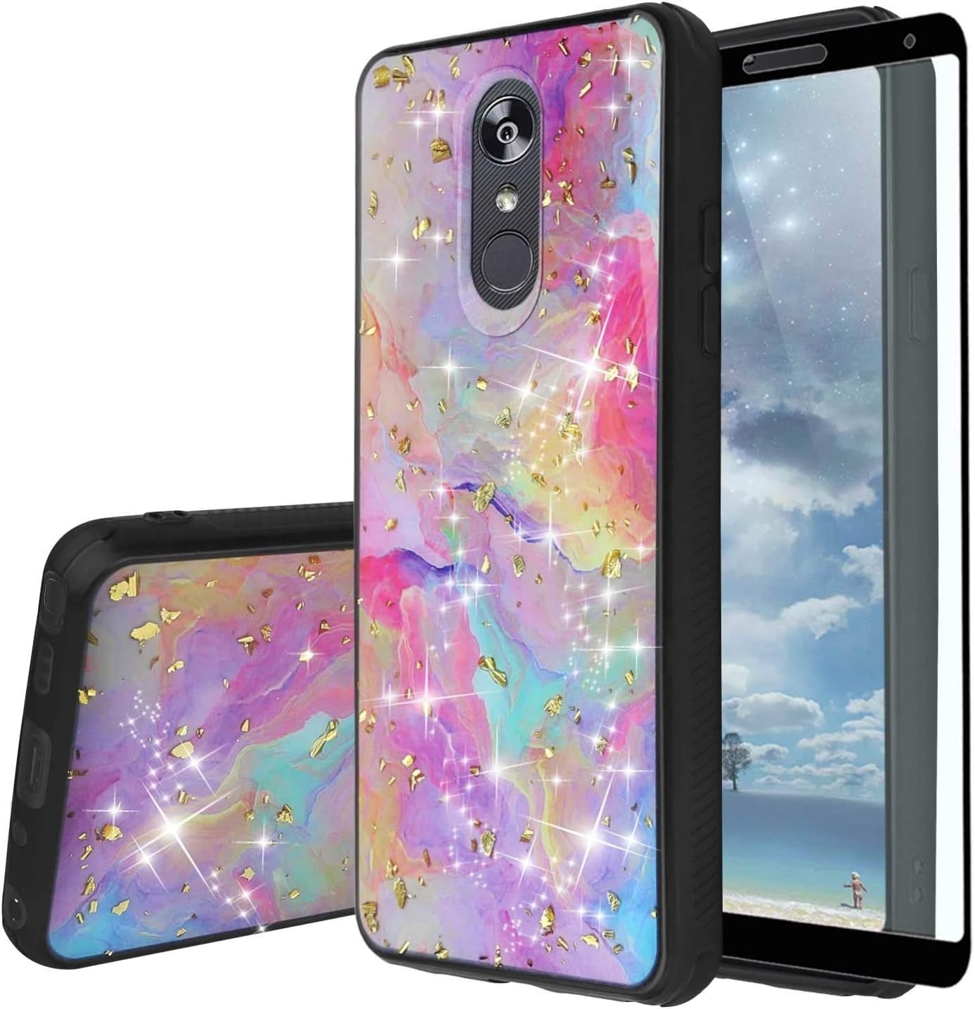 TJS Case for LG Aristo 2/Aristo 2 Plus/Aristo 3/Aristo 3 Plus/Tribute Dynasty/Tribute Empire/Fortune 2 [Full Coverage Tempered Glass Screen Protector] Shiny Glitter Soft TPU Rubber Bumper (Rainbow)