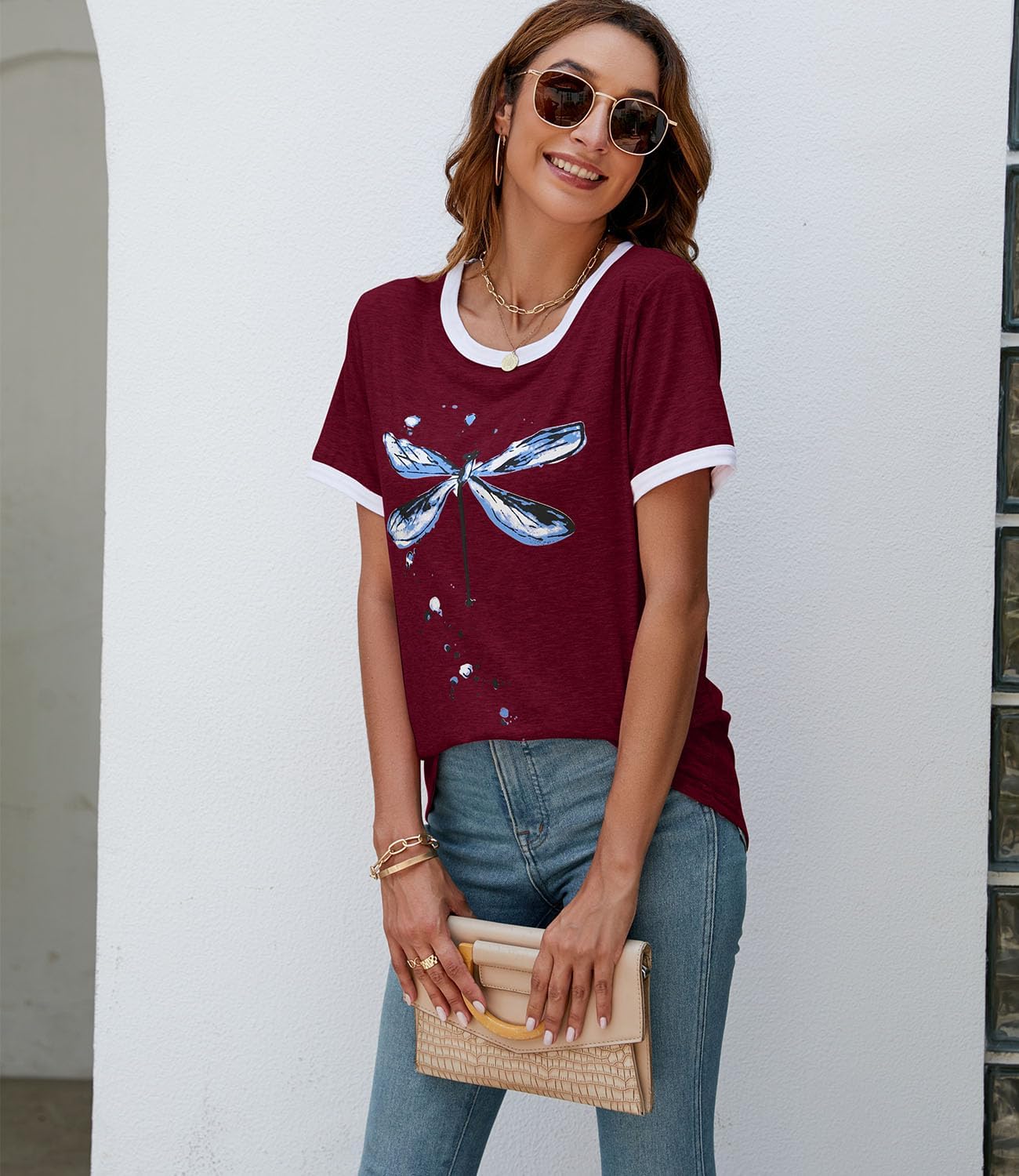 Women's Graphic Tees Casual Summer Funny Dragonfly Printed Short Sleeve Cute T Shirts Tops - Image 5