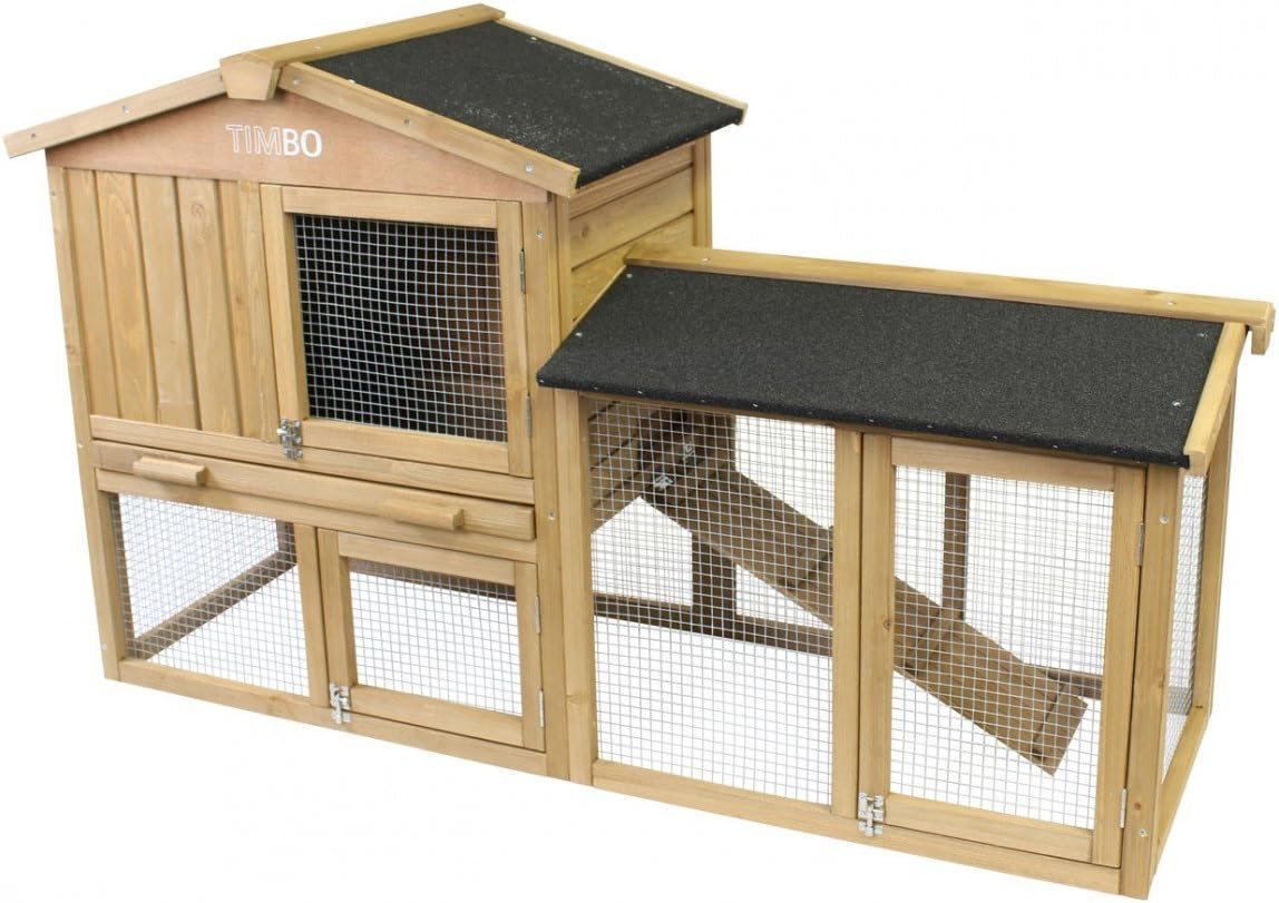 Timbo Rabbit hutch JULIA made of solid fir wood with outdoor enclosure, 147x52x86 cm - Cage for small animals, for outdoor use - Weatherproof protection for rabbits in winter & summer rabbit hutch