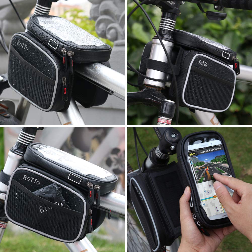 ROTTO Bike Frame Bag with 2 Side Storage Pockets Bicycle Top Tube Phone Bag with Sensitive Touch Screen, Black - Image 3