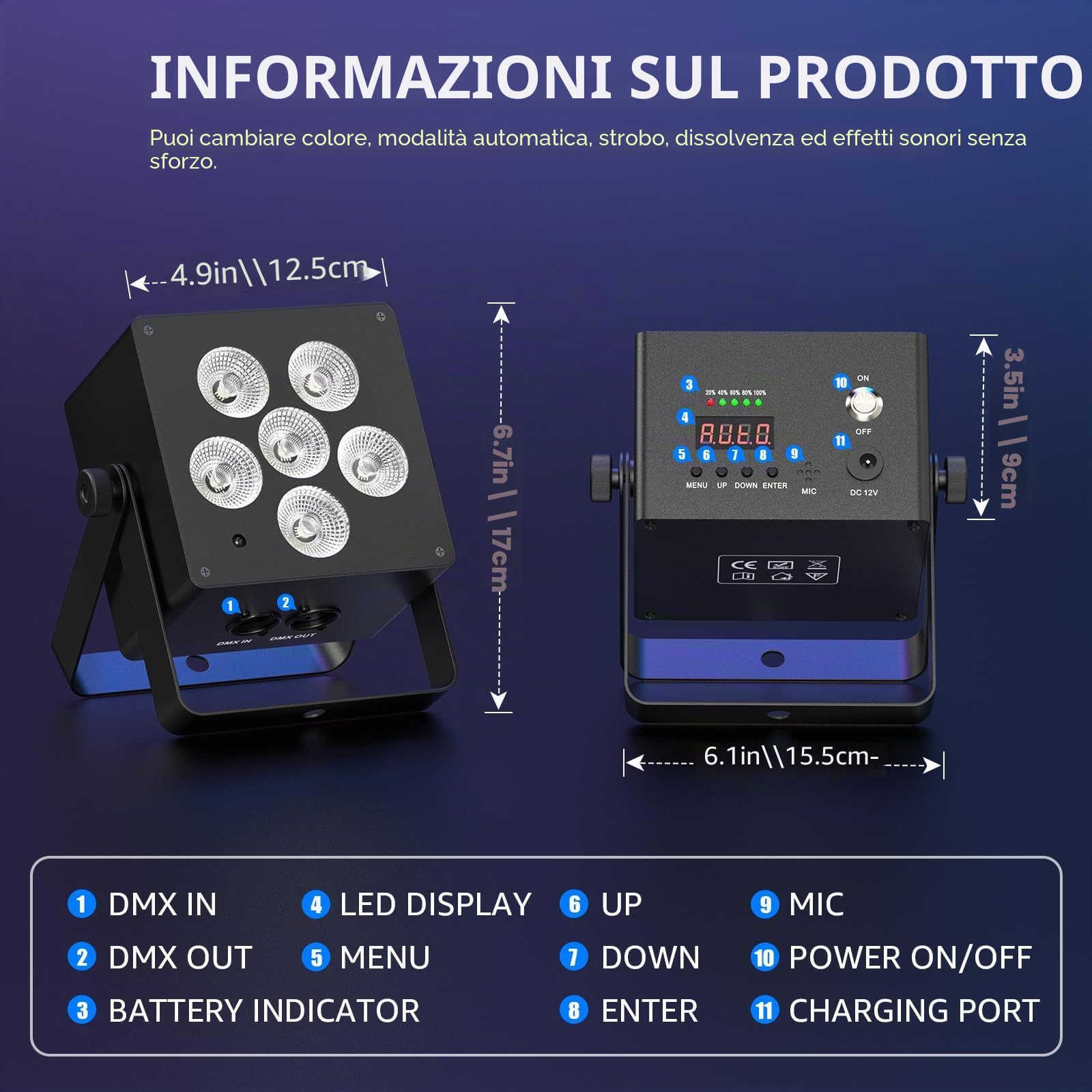 50 W Faro LED Par Batteria Uplight con telecomando, 6 in 1 RGBWA+UV DMX512 Luce da palco 5500 mA Batteria incorporata ricaricabile