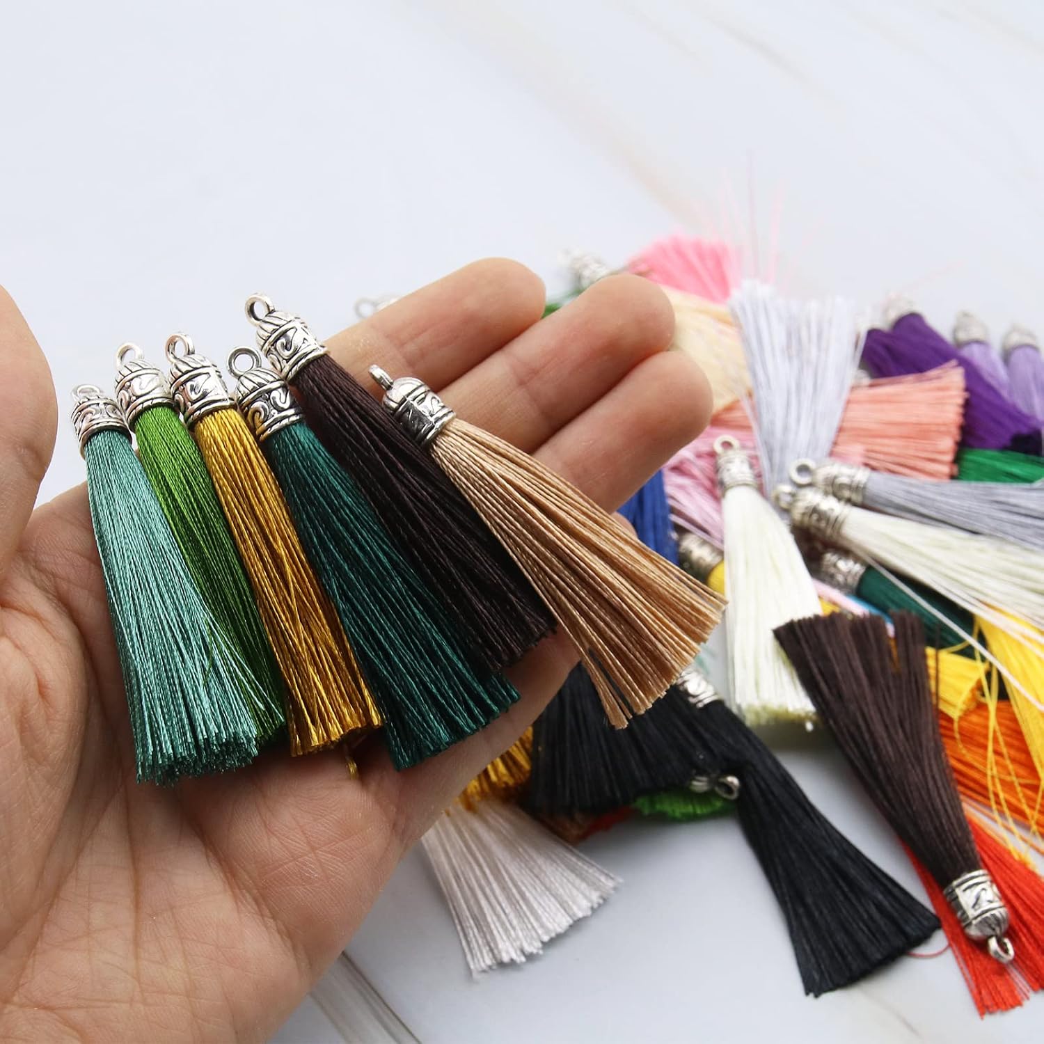 Create idea 120pcs Keychain Tassel Pendant with Metal Cap for Earring Bracelet Necklace DIY Projects Craft Jewelry Making Supplies Colorful Silky Tiny 30 Colors