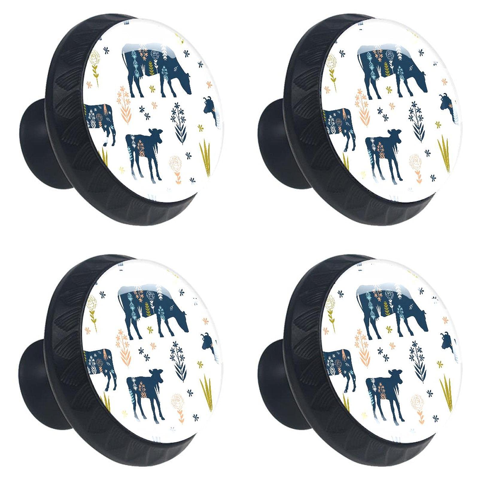 Boutons de meuble en verre transparent avec illustrations de fleurs et vaches rustiques