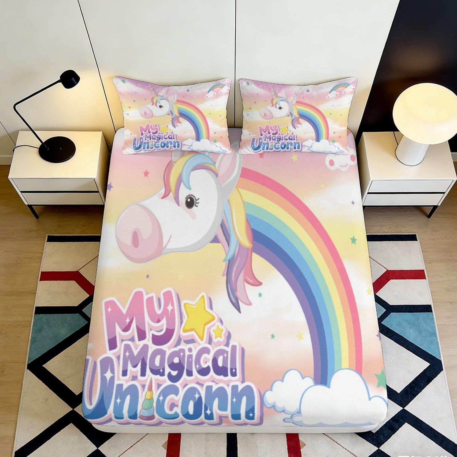 3D Printed Rainbow Unicorn Fitted Sheet Microfiber Deep Pocket Non-Slip Bedroom Bedding Rainbow Unicorn Mattress Fitted Cover Washable 200x200x25cm