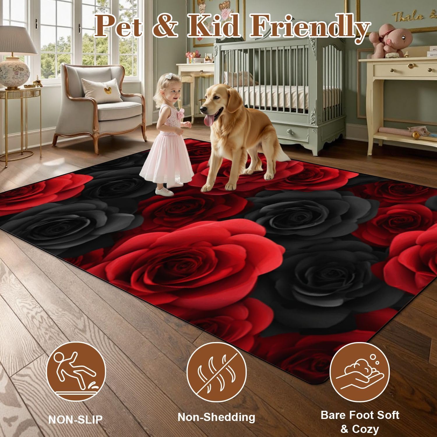 Washable Area Rug 6x9 for Living Room, Large Soft Red Black Roses Floral Dark Rugs for Bedroom Dining Room, Non-Slip Foldable Under Table Rug