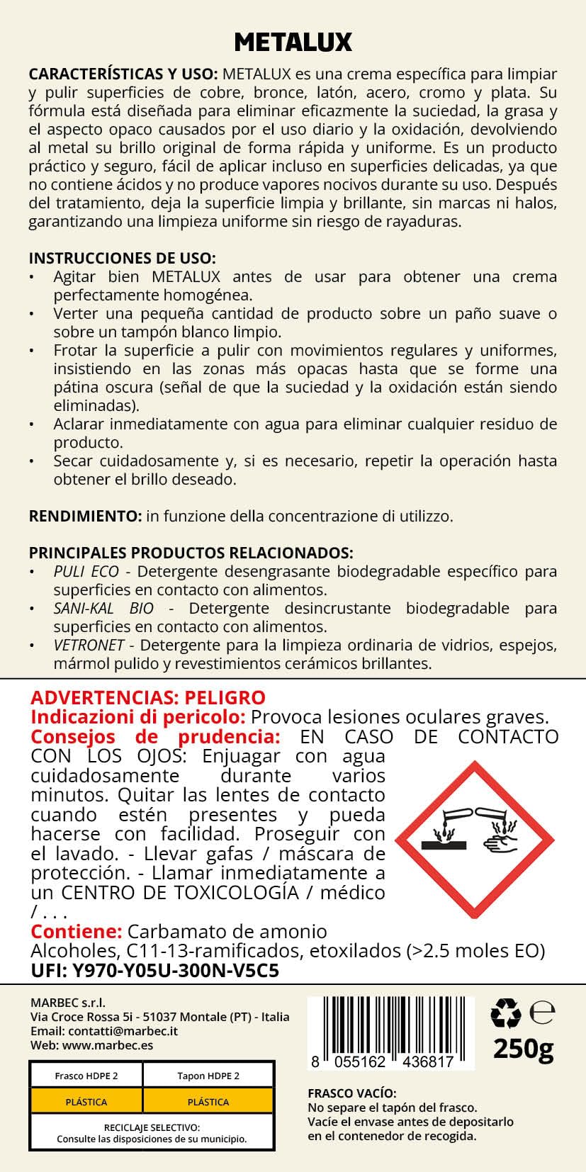 MARBEC METALUX 250GRX6Uds Crema limpiadora y pulidora para metales, elimina óxidos y manchas, restaura el brillo, no raya.